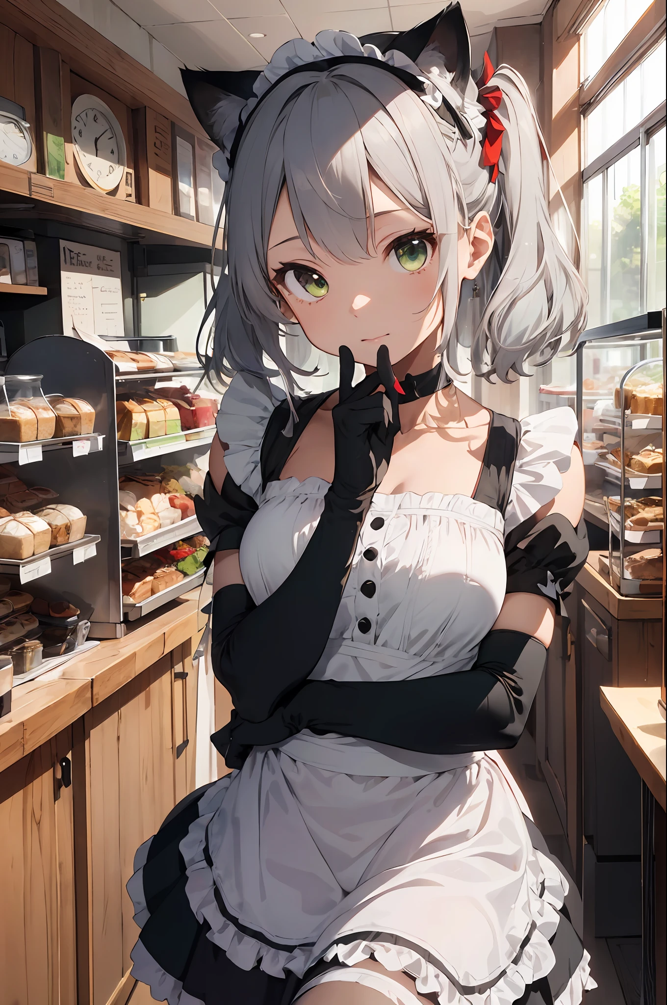 (Style Princess:0.8), Cat-eared Beautiful Girl, Silver Hair,Small, One Girl, ((Maid Clothes))Bikini Maid Clothes, (Rich Green and Black and Red and Silver Hair), ((Cafe)), Slim, (Elbow Gloves) Masterpiece, High Contrast, Ultra Detail, Best Quality, Ultra High Definition, High Definition, Details