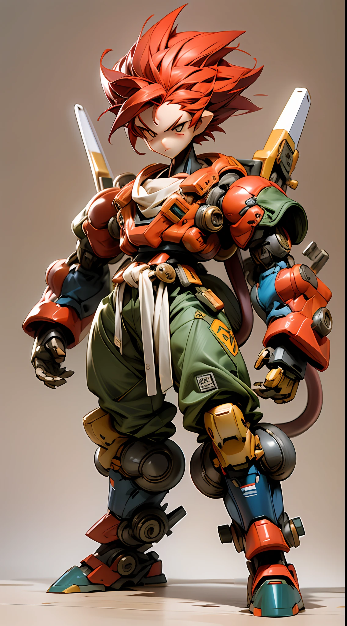 A three-year-old boy mech，Cool expression，Cutes，Has the head of the Monkey King，Mecha body，mecha limbs，Mecha arms，Mecha legs，Spiked hairstyle，chibi