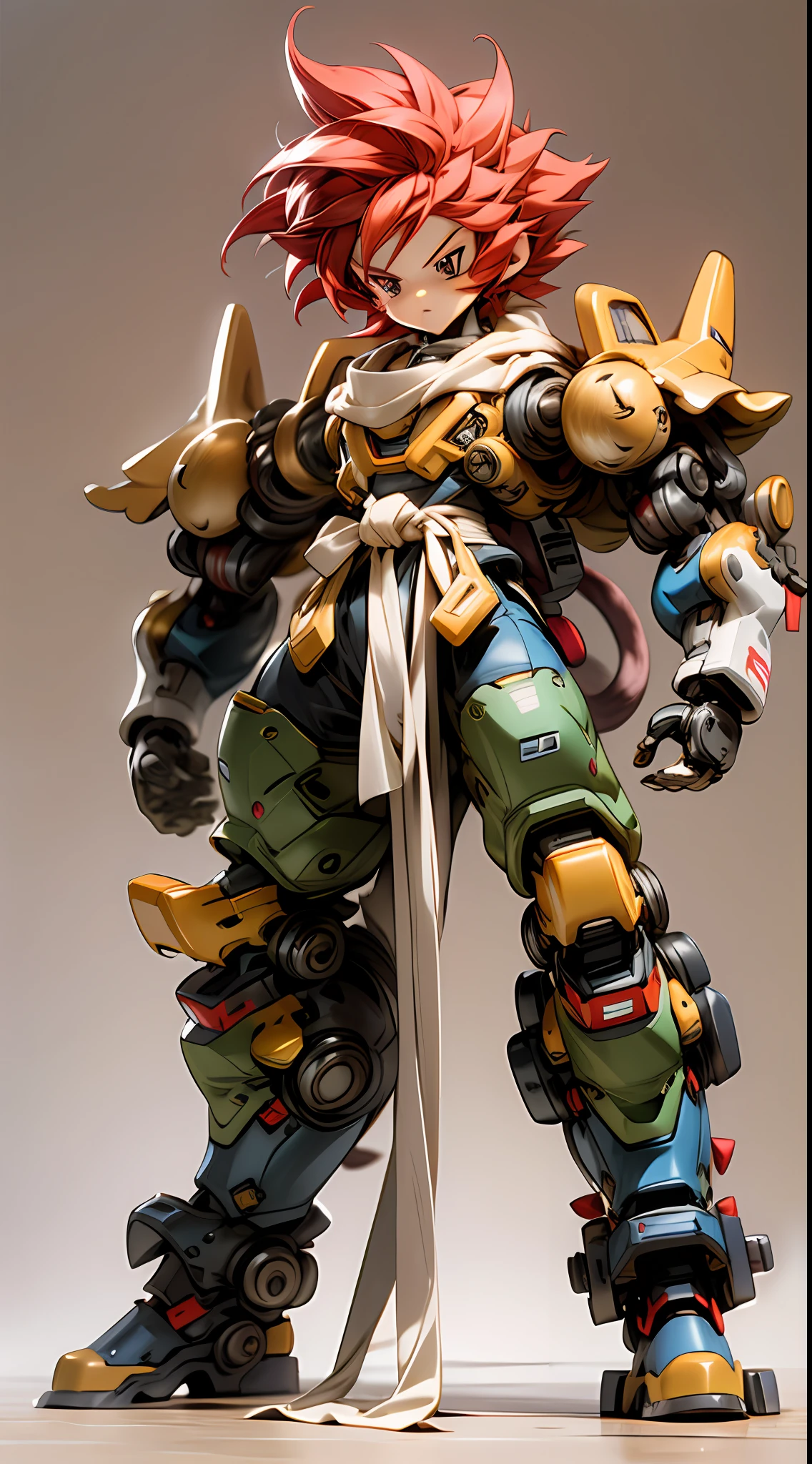 A three-year-old boy mech,Cool expression,Cutes,Has the head of the Monkey King,Mecha body,mecha limbs,Mecha arms,Mecha legs,Spiked hairstyle,chibi