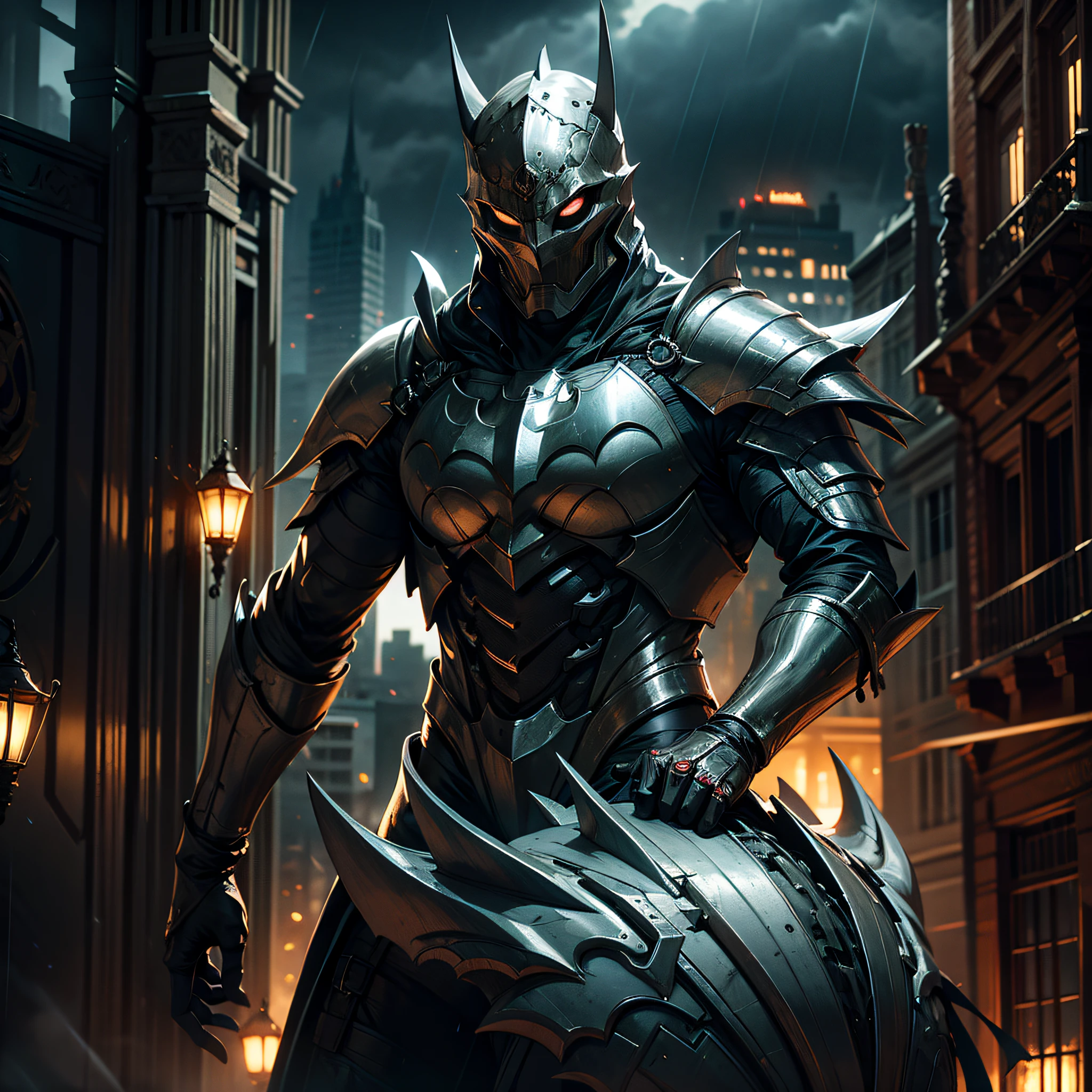 Batman guerreiro vestido com armadura medieval, Scenery Gothic city rainy and dark, com neblina densa, neblina densa, Noite escura, Clima de terror, Armadura preta, on top of a building, cinematic lighting, detalhes altos, melhor qualidade, Masterpiece, chovendo, Chuva, molhado