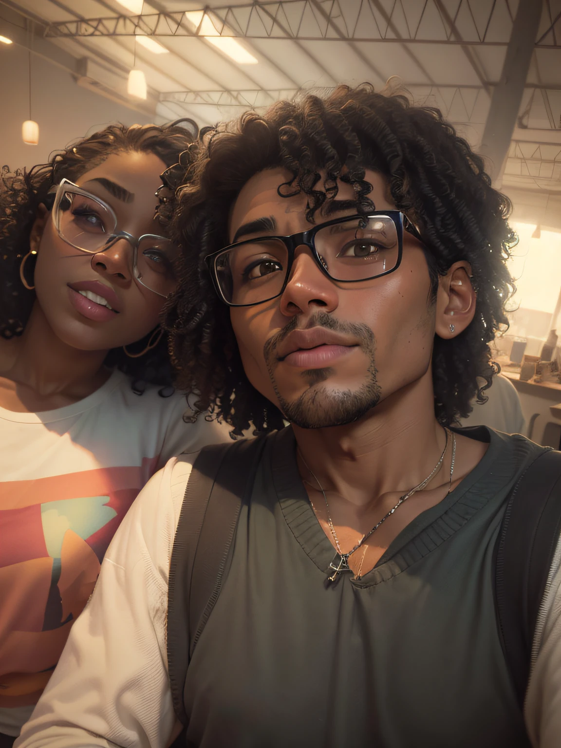 transforme em um desenho cartoon, maintaining the color of the woman's skin to the black left and not removing the curly hair,the right is a man, don't put anything feminine in it; roupas do homem a direita vermelha , Make the man's curls more open --auto