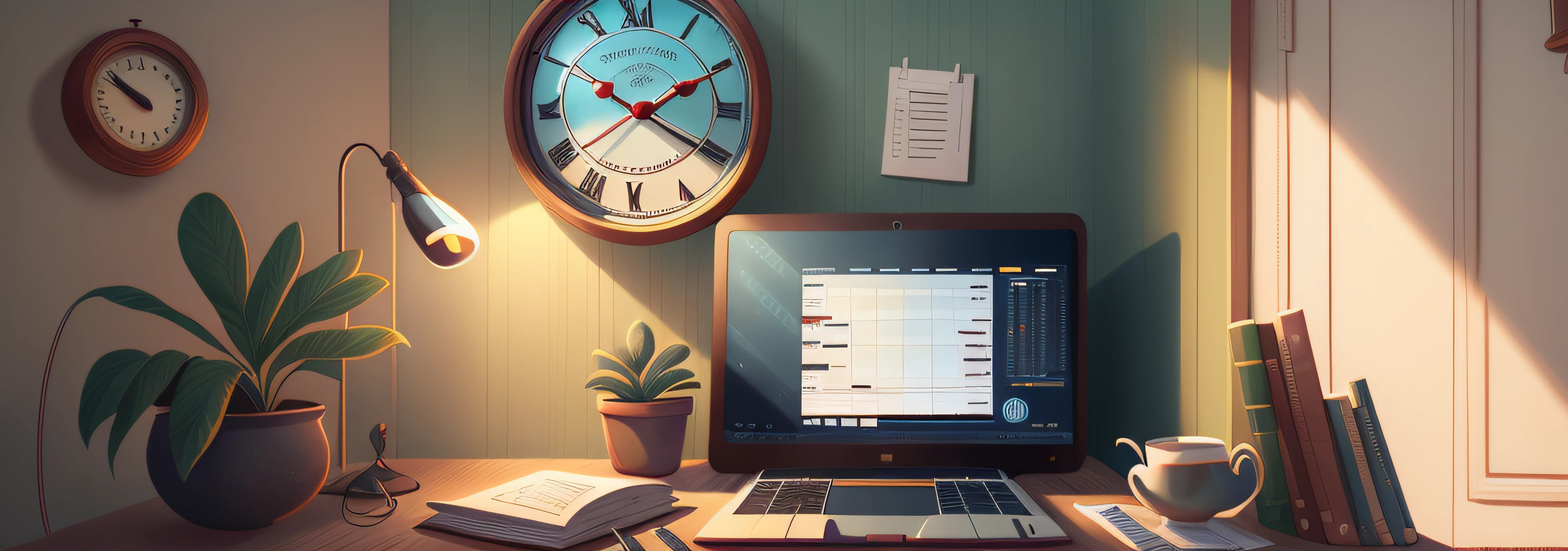 Recriar um minimalista, Well-lit office scene with a large wall clock highlighted. The clock is showing the time of 4:00. Na mesa, there's a laptop open, a cup of coffee, alguns livros sobre produtividade e um bloco de notas com uma caneta. Furthermore, na tela do laptop, We can have an ascending chart or a near-complete checklist, simbolizando a produtividade e o progresso, apesar das poucas horas de trabalho. The office environment conveys calm and organization, refletindo uma abordagem de trabalho equilibrada e eficiente., Sombras realistas, ultra-detalhadas, 4k