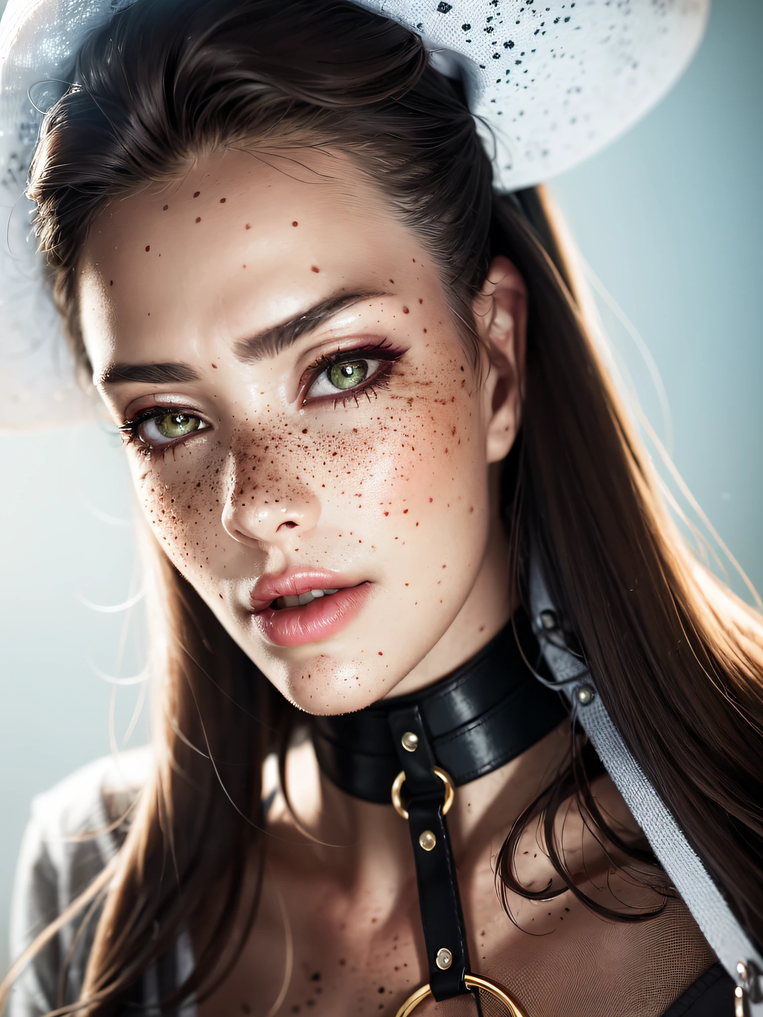 there is a woman with a black collar and a black choker, anna nikonova aka newmilky, hint of freckles, sparse freckles, with freckles, sexy face with full makeup, very light freckles, rosy cheeks with freckles, light freckles, dasha taran, face with artgram, white freckles, small freckles, wearing professional makeup, with professional makeup