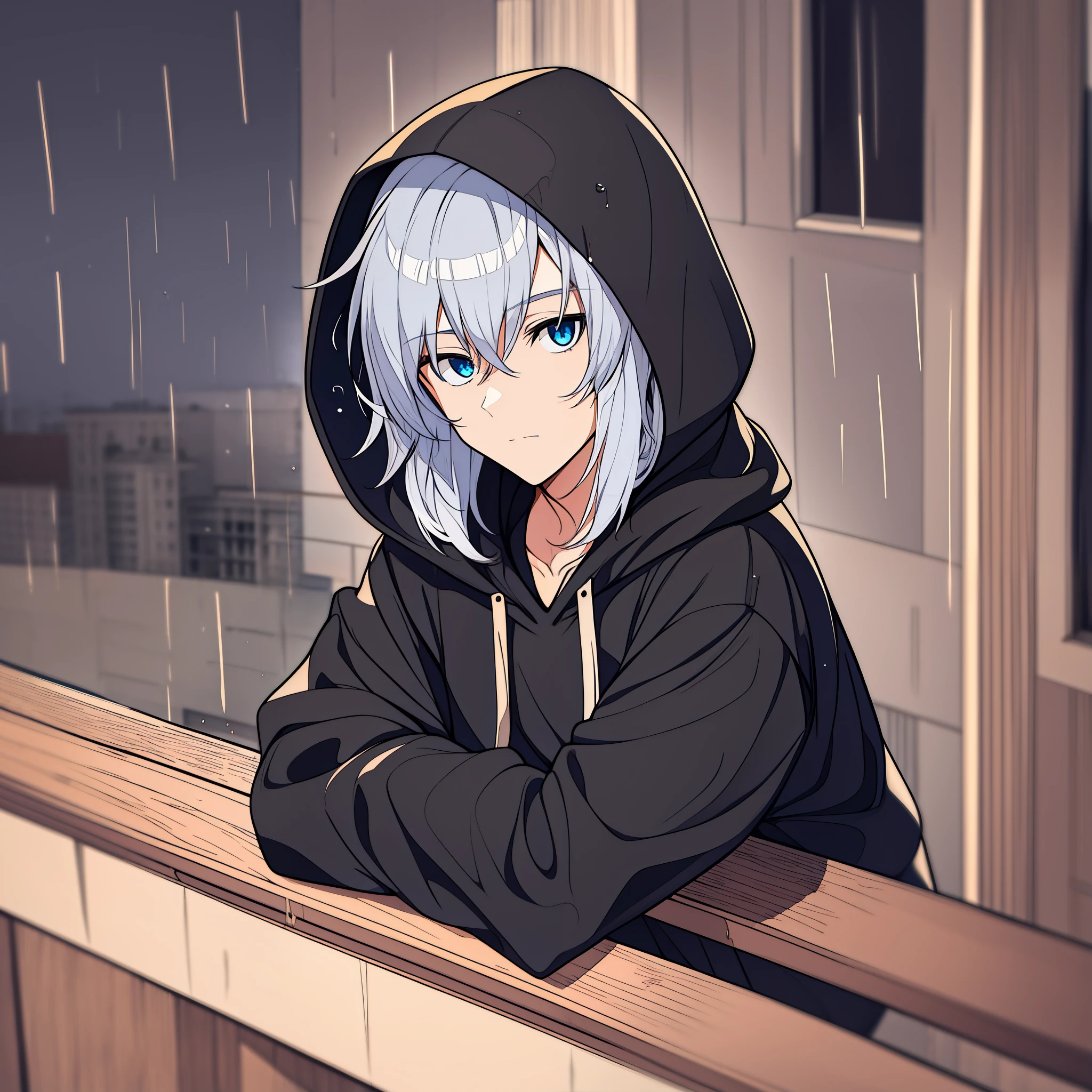 Older teenage Male with blue eyes and white hair, wearing a black hoodie, hood on his head, edgy, in the rain, on a balcony