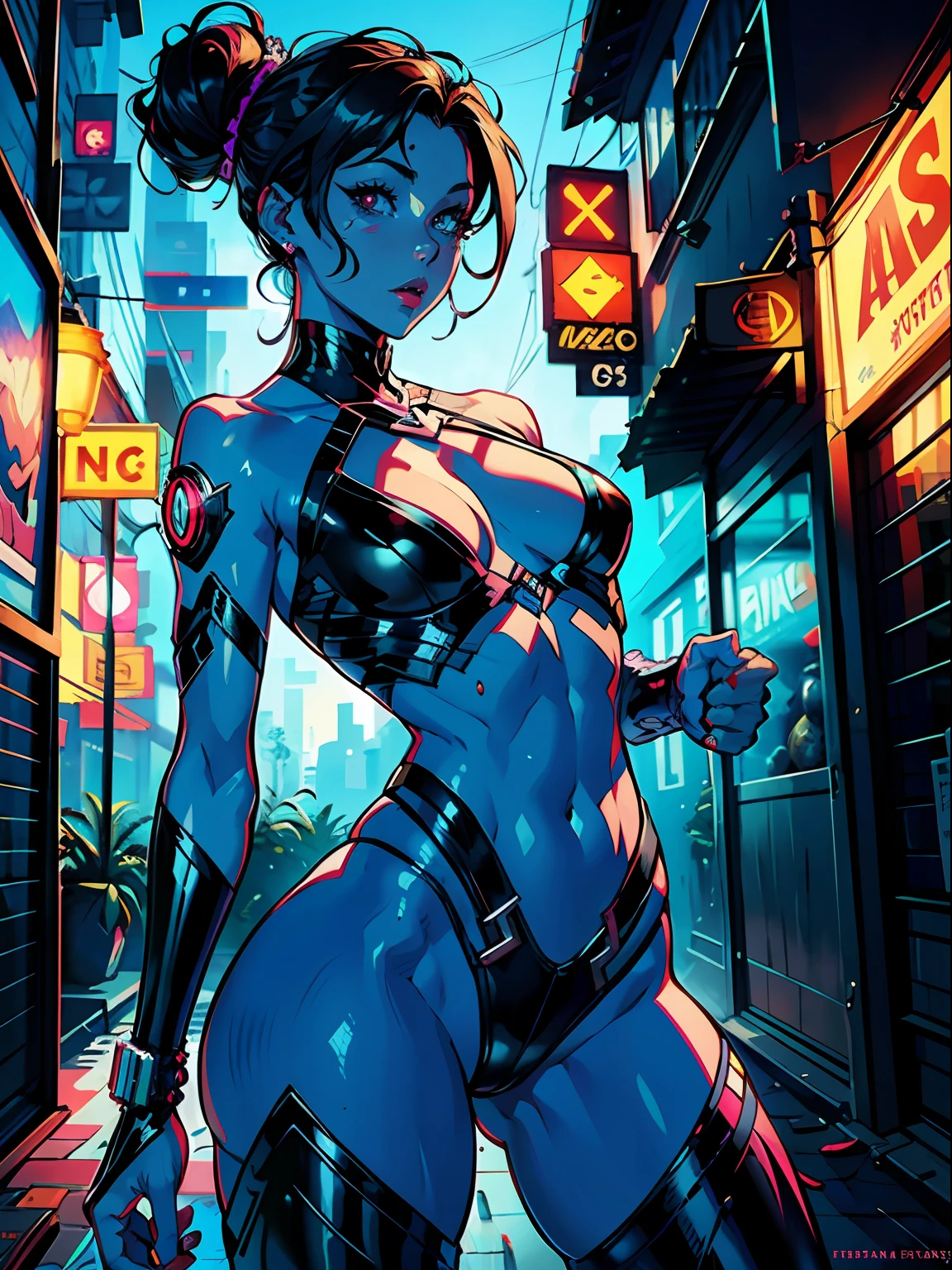 uma pintura digital da Gata Negra Marvel, Universo do homem aranha , cabelos longos, arte cyberpunk de Josan Gonzalez, vencedora do concurso behance, afrofuturismo, synthwave, neon, neon brilhante,coxas grossas, cintura fina, sensual, nsfw, pouca roupa, arte erotica, anime, roupas  rasgada de batalha, extremamente sexualizada, corpo suado, NSFW, seios grandes, bunda grande, HD, 8k, Alta qualidade, detalhes, corpo perfeito, destaque o corpo, detalhe no rosto perfeito, Detail in the background, sangue sobre o corpo