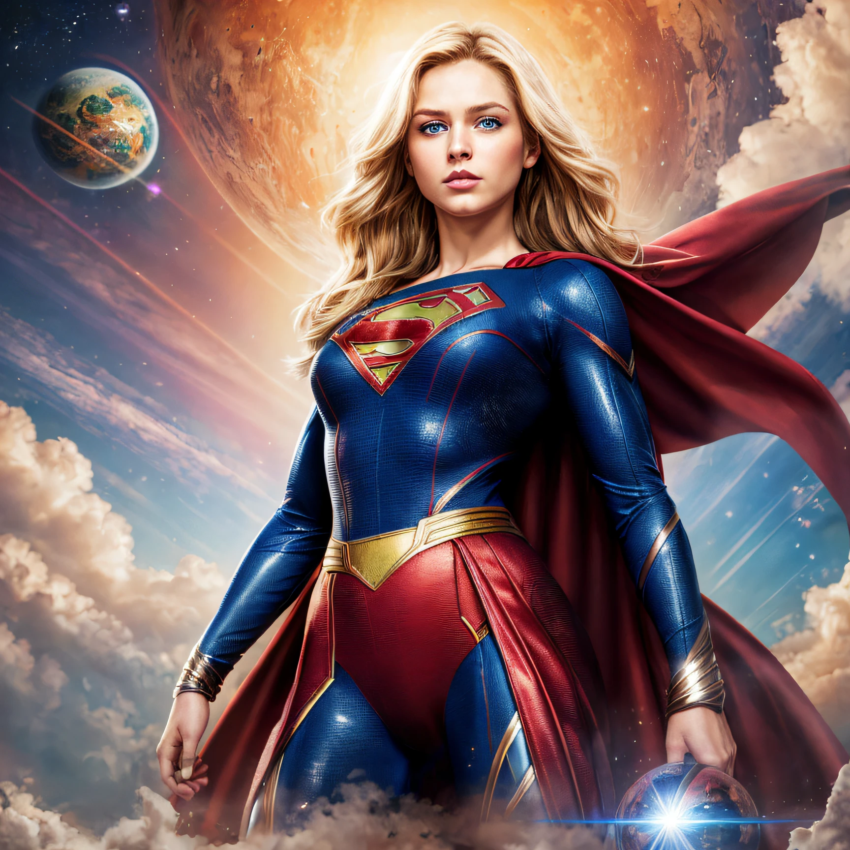arafed image of a woman in a superman costume standing in front of a planet, supergirl, textless, emma watson as supergirl, anime visual of supergirl, gal gadot as supergirl, key art, super high resolution, official art, krypton, hq artwork, 36864k film, superman, powerful woman sitting in space, movie promotional art