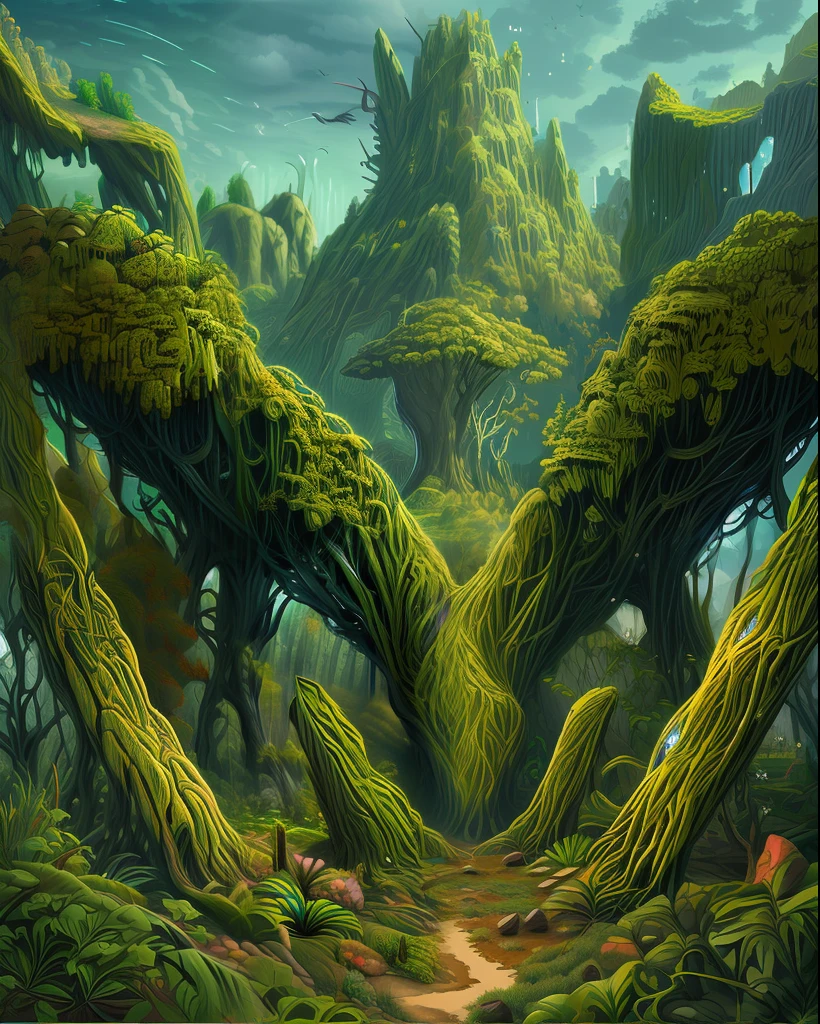 montanhas, templos oriente, 2d , arte digital, arvores, templos,