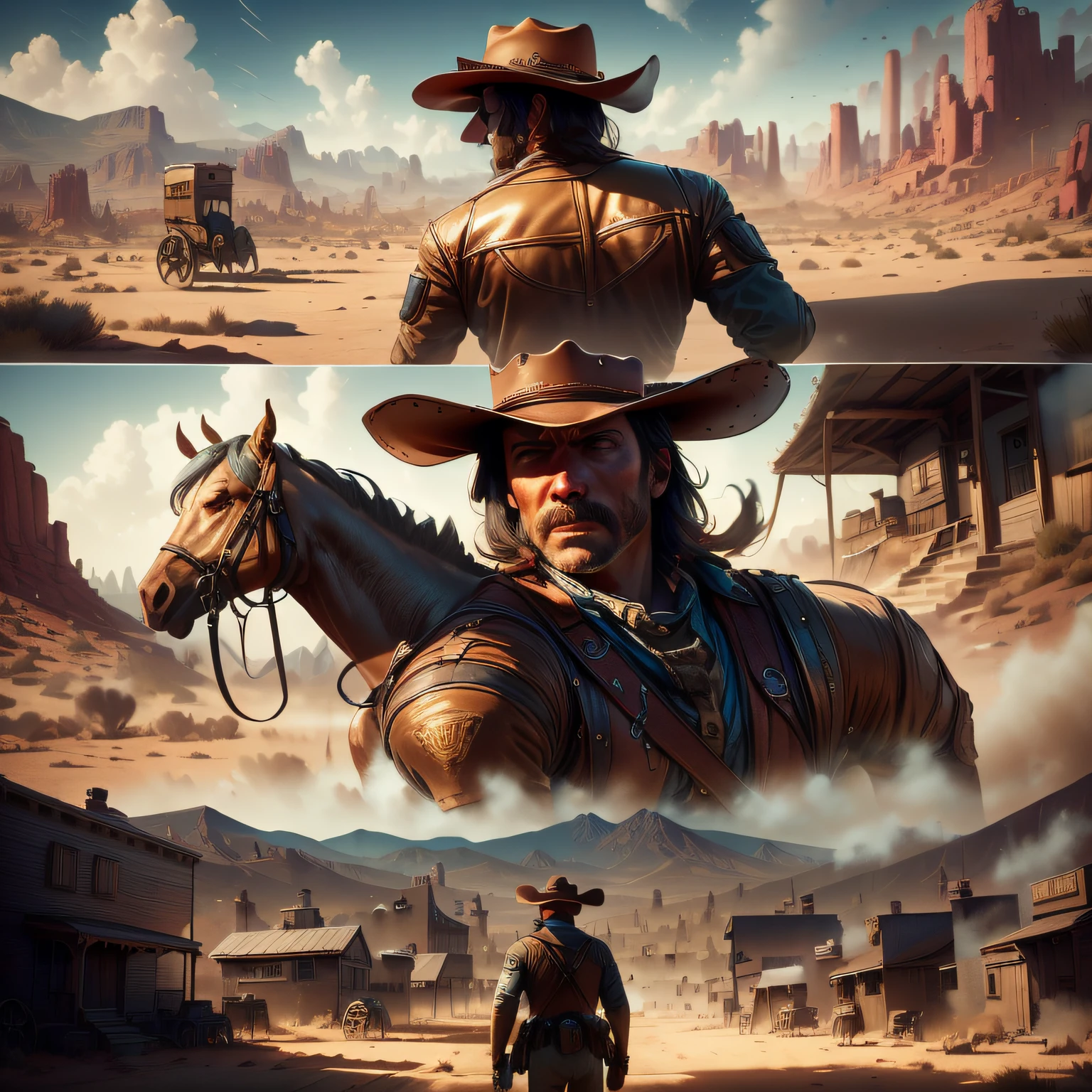 STYLE; A Pretty Woman versus a Cowboy in a Bang Bang movie-style pistol duel in an American Wild West. IMAGE QUALITY; Hyper realistic, ray tracing, HDR10, IMAGE FILTER; Chamber of 1998. GENDER; Old movie. EMOTION; Old West, melancholic and cinematic. SCENE; The camera captures the moment they duel. TREND; Artwork from Red Dead Redemption 2. TAGS; Close-up cinematic framing. CAMERA; Red Dragon 8k camera. FOCAL LENGTH; 23 mm wide lens. SHOT TYPE; wide shot. COMPOSITION; Low angle. LIGHTING; Sky light backlight, realistic photo, mist in the air. TIME OF DAY; Golden hour. TYPE OF LOCATION; Street with Old West themed houses.