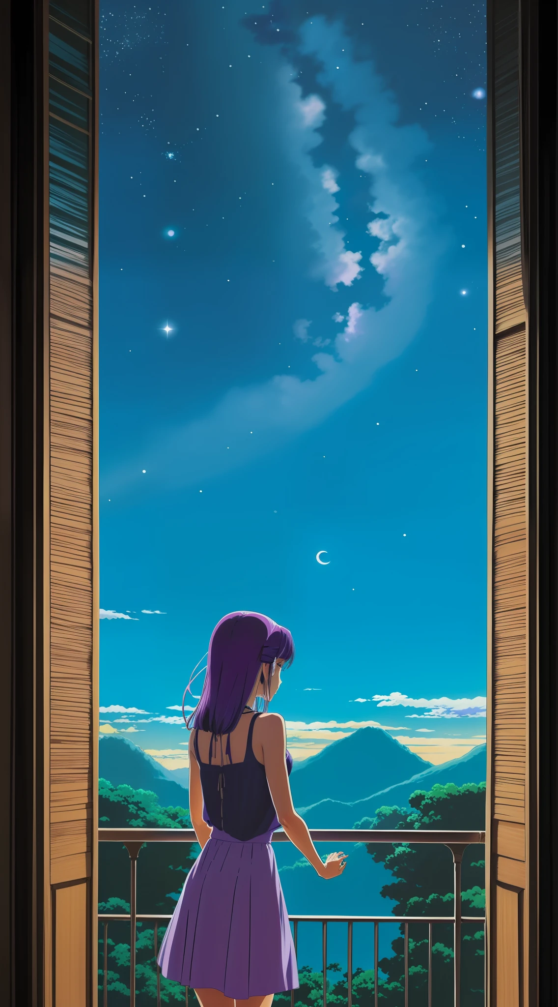 "(Menina),(Estilo anime),(Costa),(watching the galaxy from the balcony),(Estilo de pintura),(tons de azul e roxo), Scenarios in shades of blue and purple. Muitas estrelas."