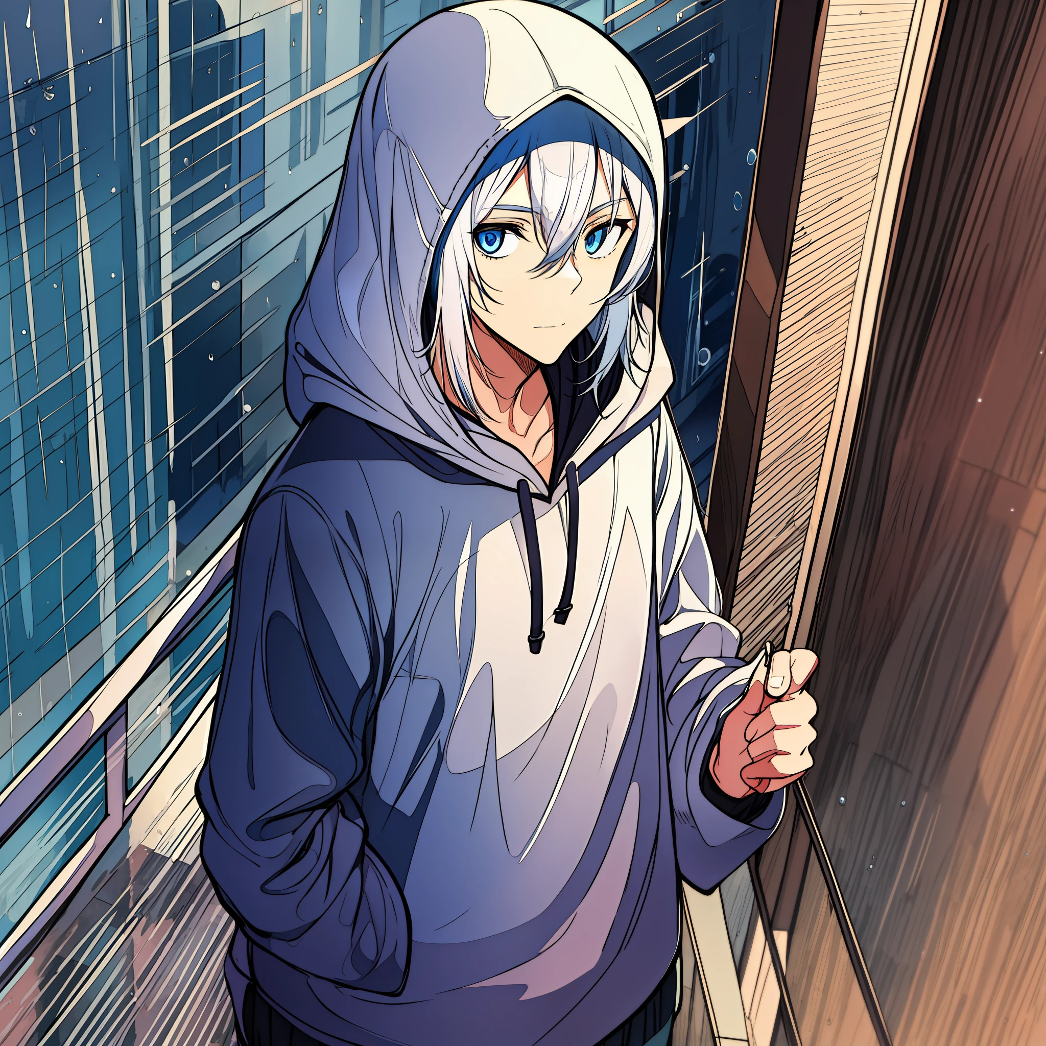 Older teenage Male with blue eyes and white hair, wearing a black hoodie, hood on his head, edgy, in the rain, on a balcony