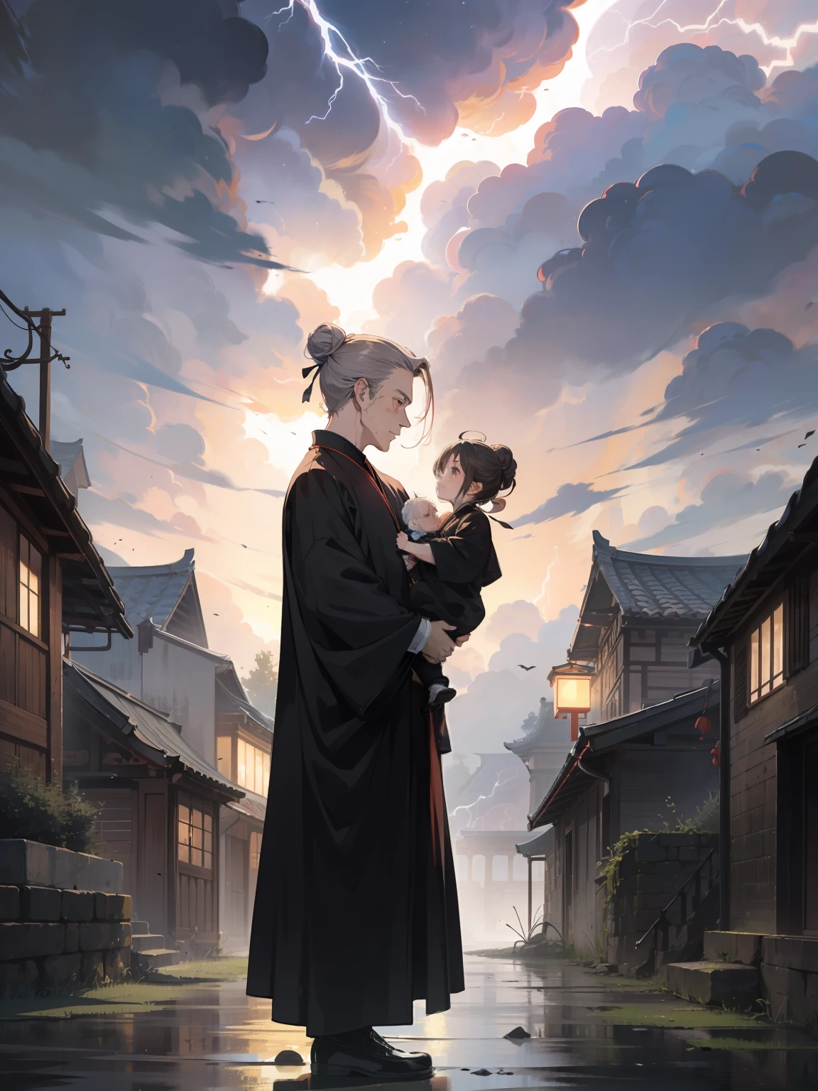 ((1 man))，Brunette old man，Chinese Taoist，Wrapped in black robes，Bun lock hair，Pedal cotton shoes，Hold a baby in your arms，distance view，nigth，Ferocious，Ancient village，（（lightening）），