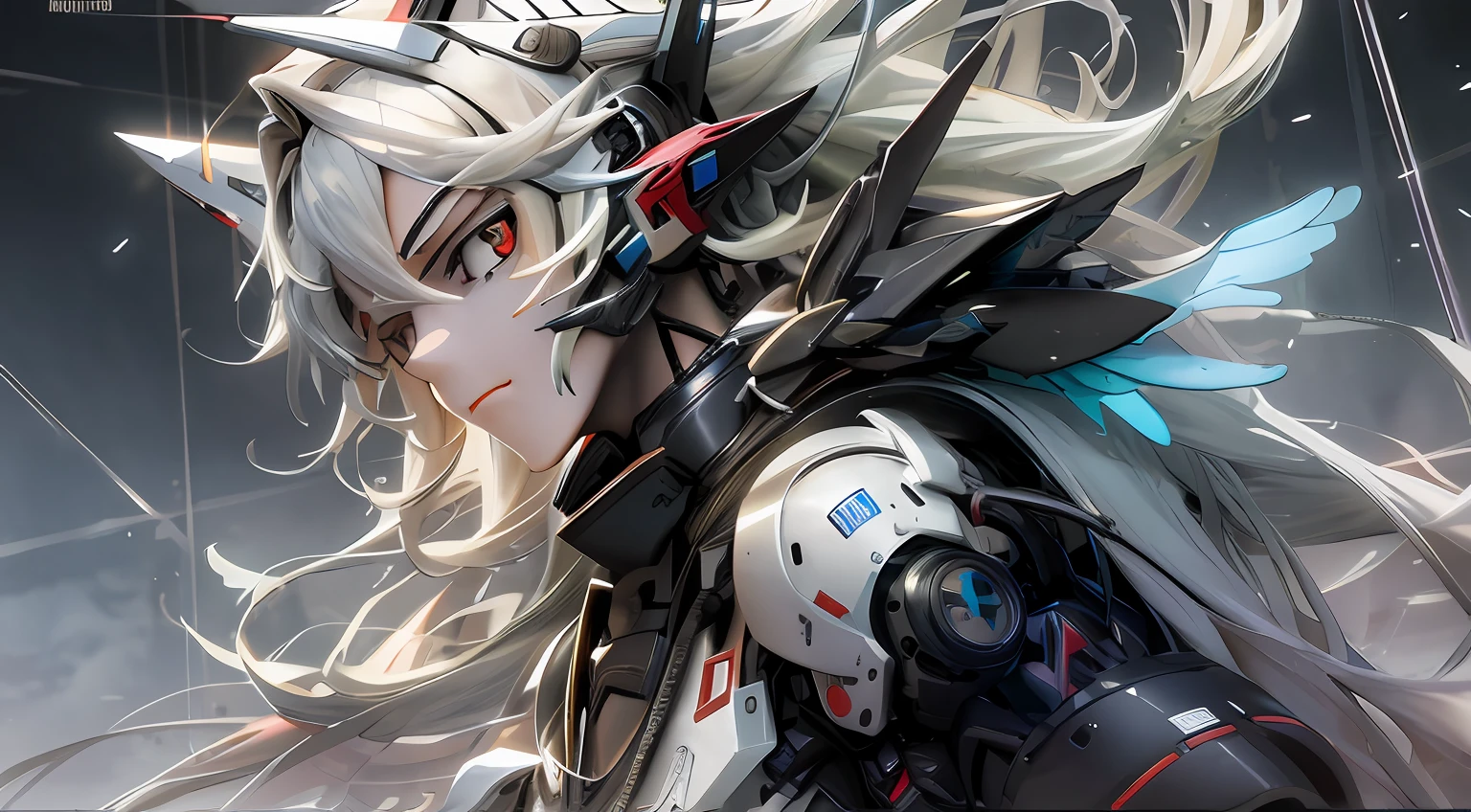 1girls, Electronic blue color, Wolf ears、 whited , color pastel、Bright atmosphere、Machine Man、White hair、Futuristic atmosphere、Despressing、White eyes、Longhaire、Exposed、the body is connected by a cable、Slender body, Upper body, headgear, machine wings, the universe, The god Machines,The god Shikai、Huge machine、Jetwing