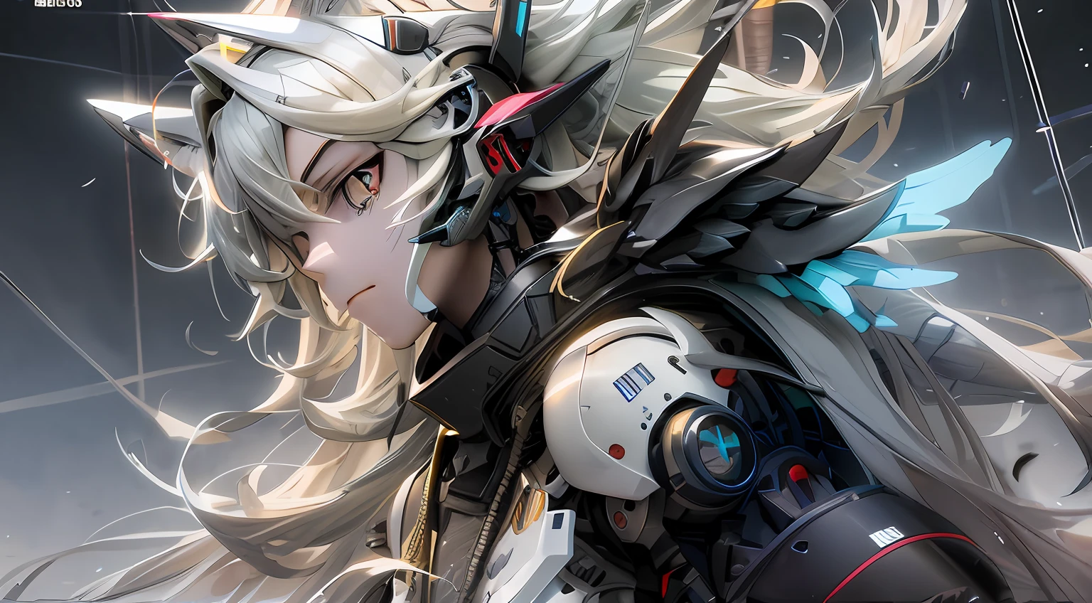 1girls, Electronic blue color, Wolf ears、 whited , color pastel、Bright atmosphere、Machine Man、White hair、Futuristic atmosphere、Despressing、White eyes、Longhaire、Exposed、the body is connected by a cable、Slender body, Upper body, headgear, machine wings, the universe, The god Machines,The god Shikai、Huge machine、Jetwing