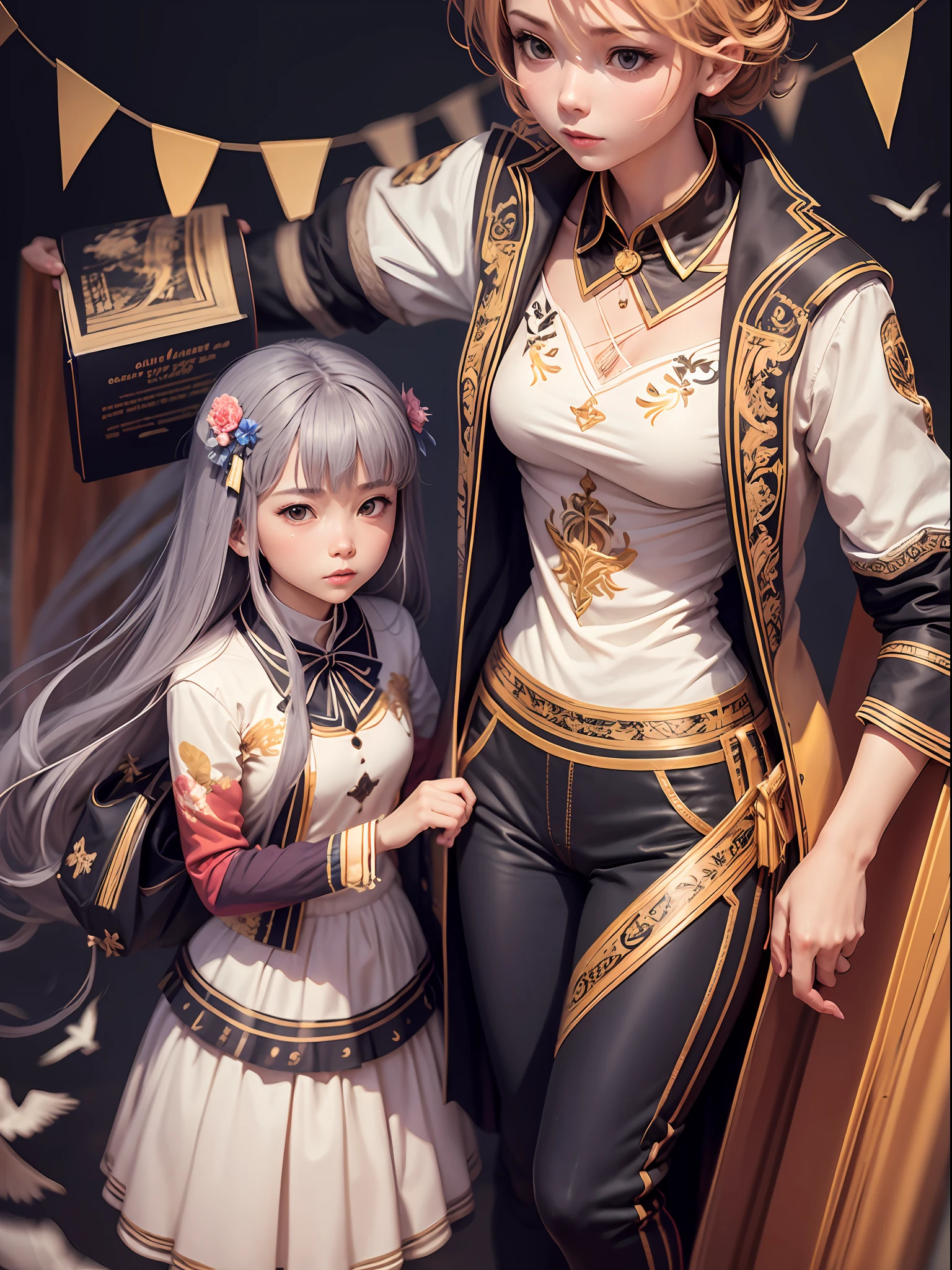 arquitetura, east east Asian architecture, scenary, lanterna, ao ar livre, heaven, lanterna de papel, nuvem, birds, Construction, tree, in standing, montanha, ponte, segurando, multiple girls, dia, obra-prima, melhor qualidade, Estilo anime
