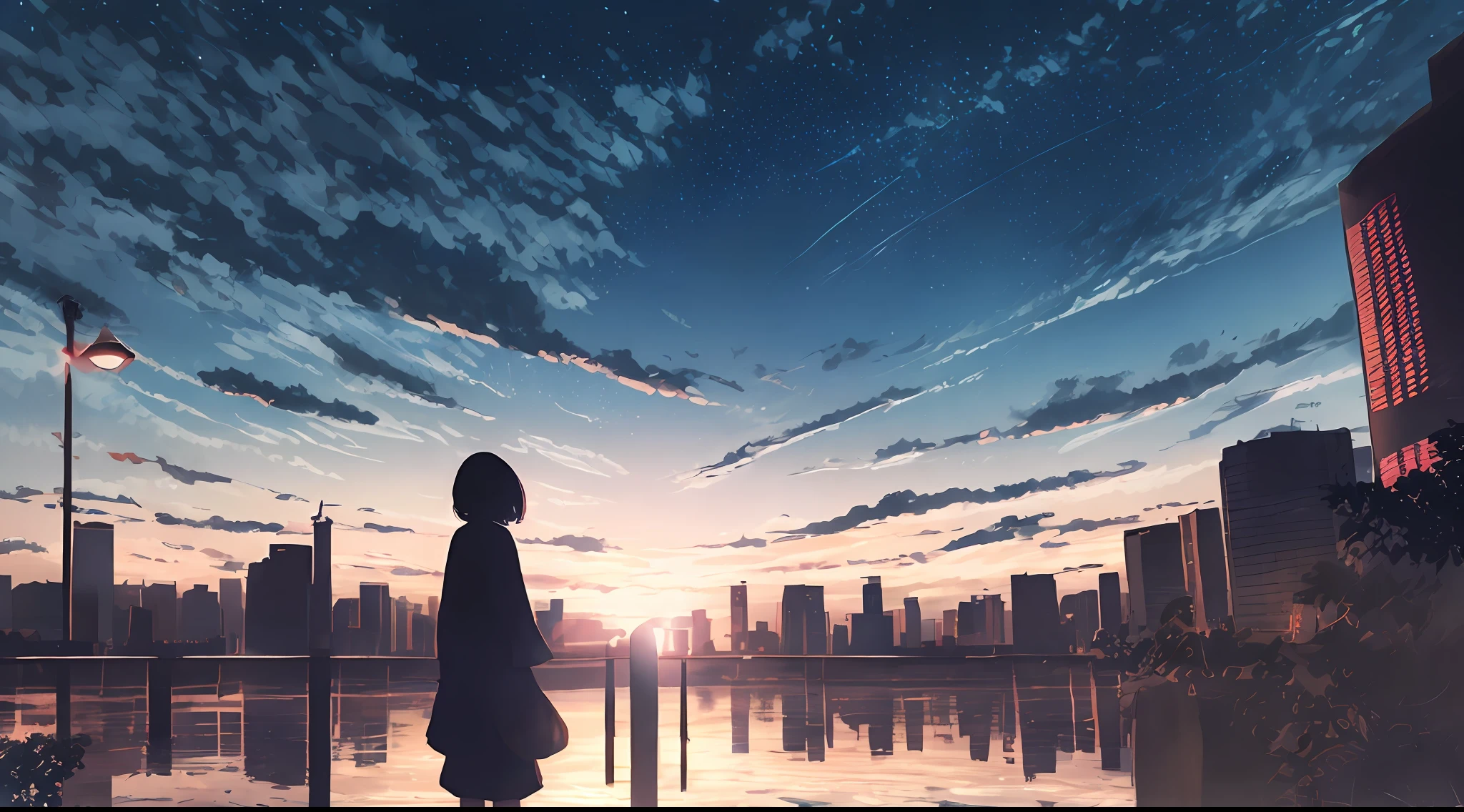 anime, silhueta, 1Menina (Rezando), estrela (heaven), nuvem, paisagem urbana, Building, Cidade, ao ar livre, sky scrapers, luzes da Cidade, noite, nightsky, sun sunset, Skyline