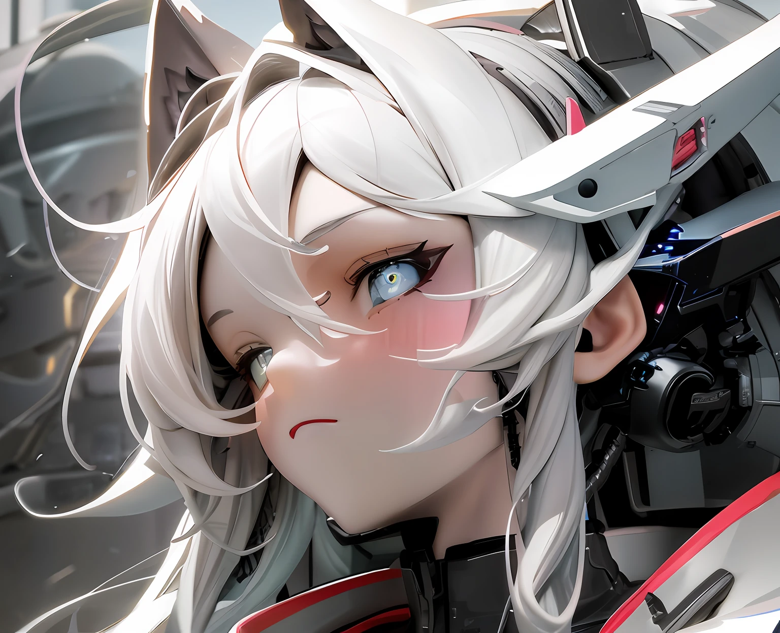 1girls, Electronic blue color, Wolf ears、 whited , color pastel、Bright atmosphere、Machine Man、White hair、Futuristic atmosphere、Despressing、White eyes、Longhaire、Facing to the side、White eyes、
