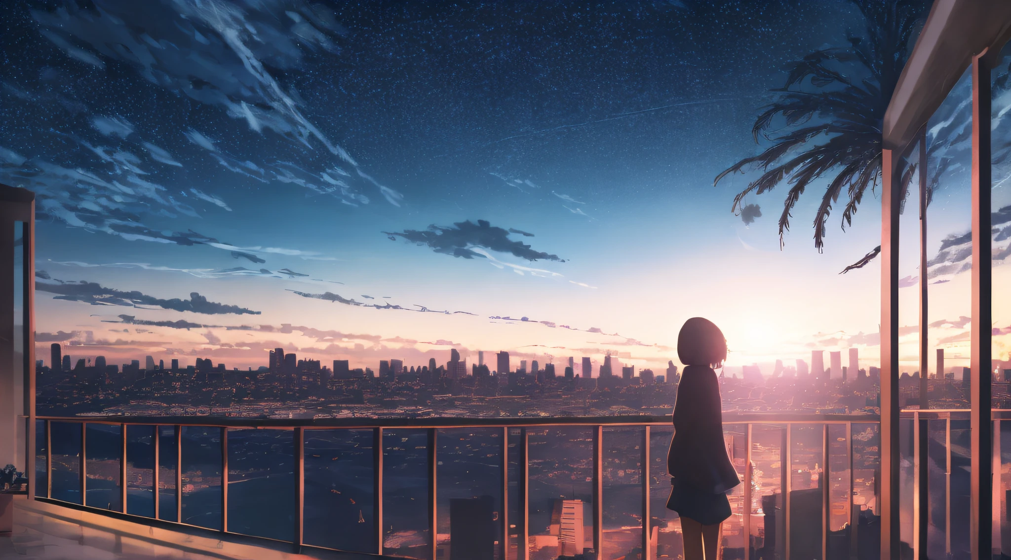 anime, silhueta, 1Menina (Rezando), estrela (heaven), nuvem, paisagem urbana, Building, Cidade, ao ar livre, sky scrapers, luzes da Cidade, noite, nightsky, sun sunset, Skyline