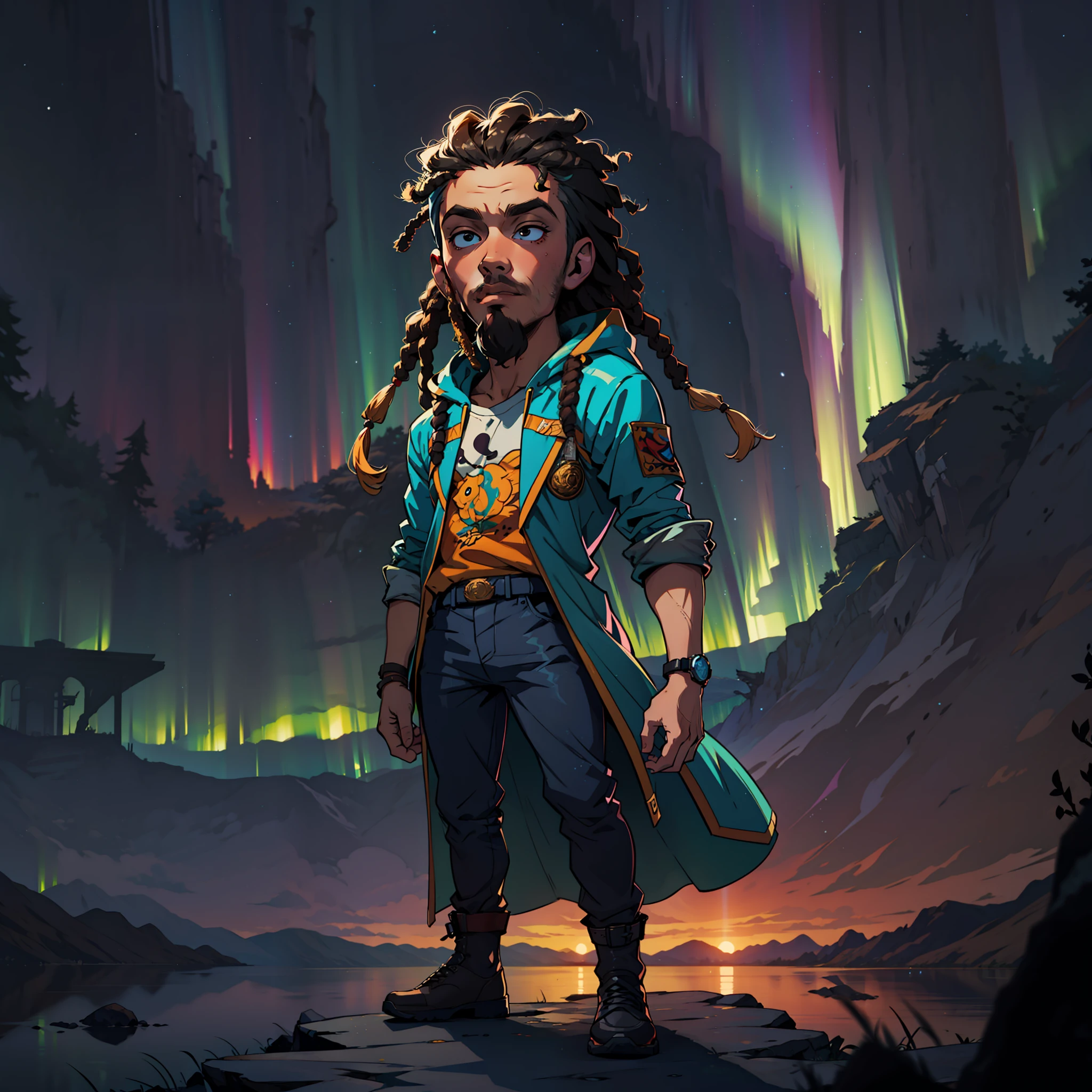 Homem, estilo dos desenhos animados, com dreads no cabelo, fundo colorido, sonho, imaginario, aurora boreal, opaco.
