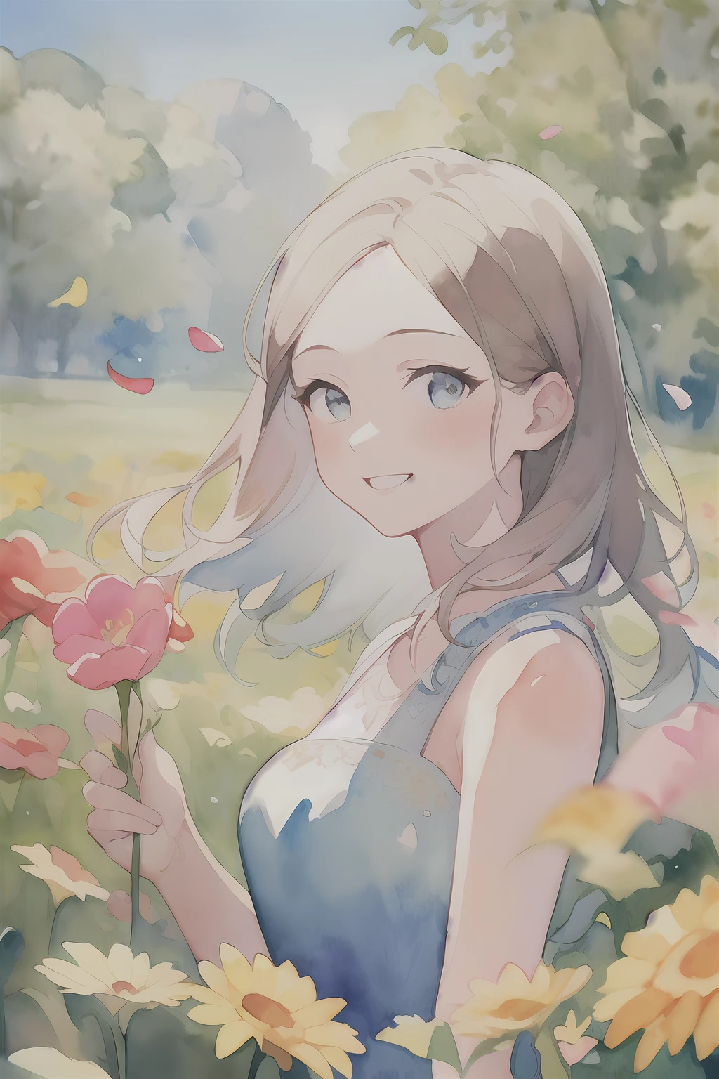 (watercolor:1.2), watercolor, 1 girl, holding flowers, colorful petal floating in the sky, meadow, happy, watercolor, perfect quality, clear focus (clutter-home: 0.8), (masterpiece: 1.2) (Realistic: 1.2) (Bokeh) (Best quality) (Detailed skin: 1.3) (Intricate details) (8K) (Detail Eyes) (Sharp Focus), (Happy)