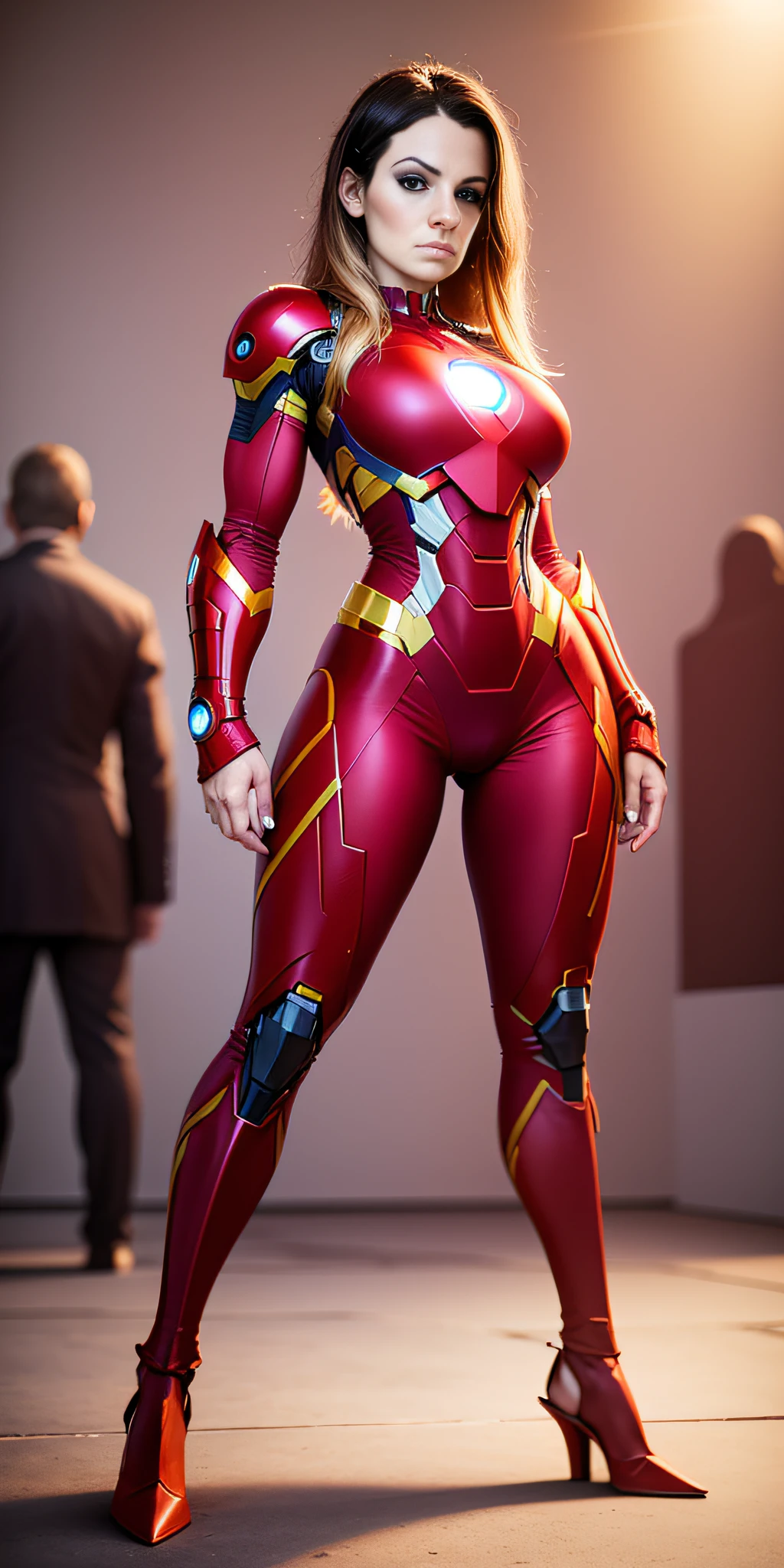 girl dressed as Iron Man from Marvel, big breasts, frontal, full-length, looking at the camera, facing the audience, standing pose, simple background, three-dimensional light, detailed full-body concept, sleek digital concept art, beautiful full-body concept art, art trend, full-length CGsociety,