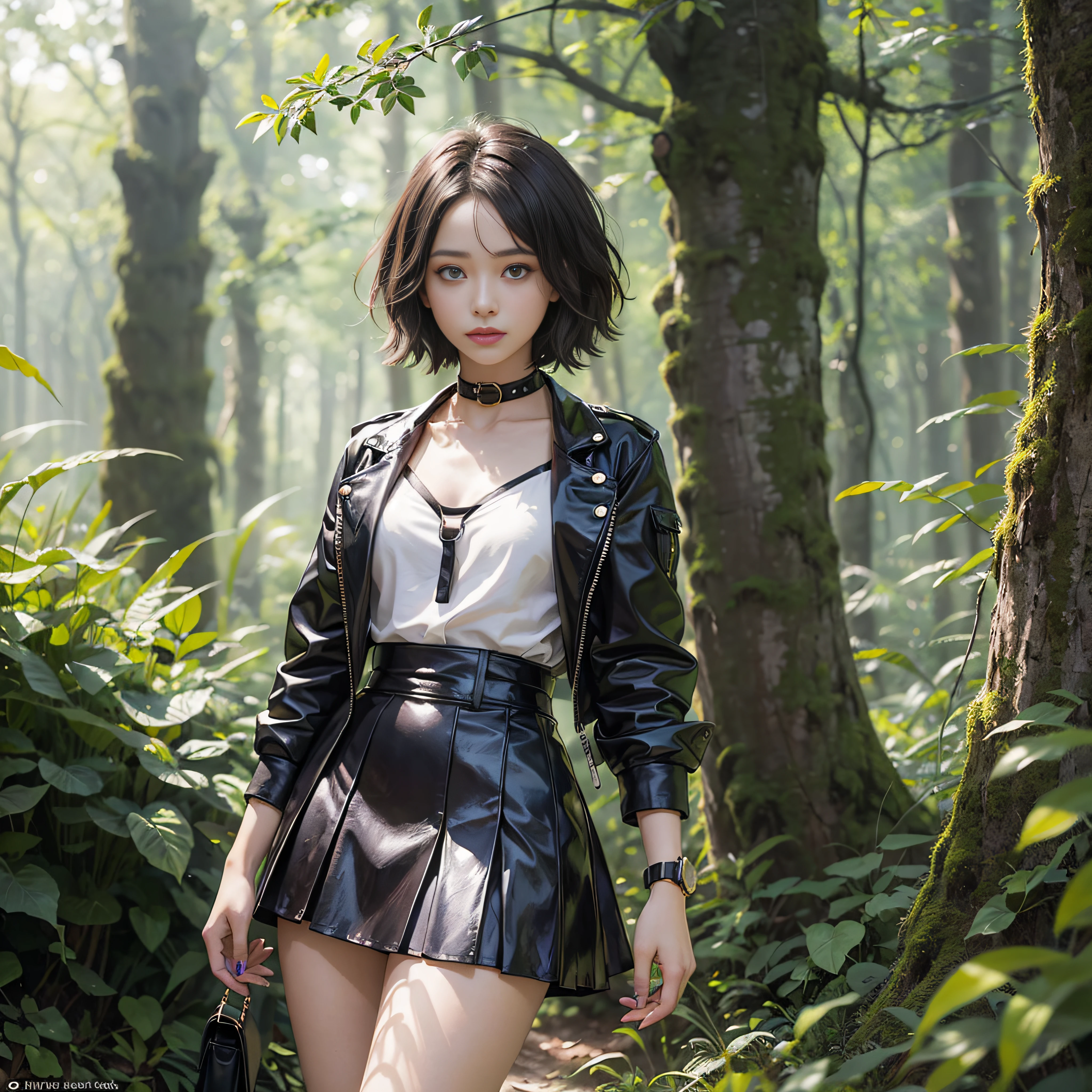 A beautiful girl with short black hair and purple eyes stands in the middle of a lush forest. The golden light of the sun pierces the treetops, creando un juego de sombras y destellos que iluminan su figura. She wears a short leather skirt with pleats that highlights her bold and energetic personality.