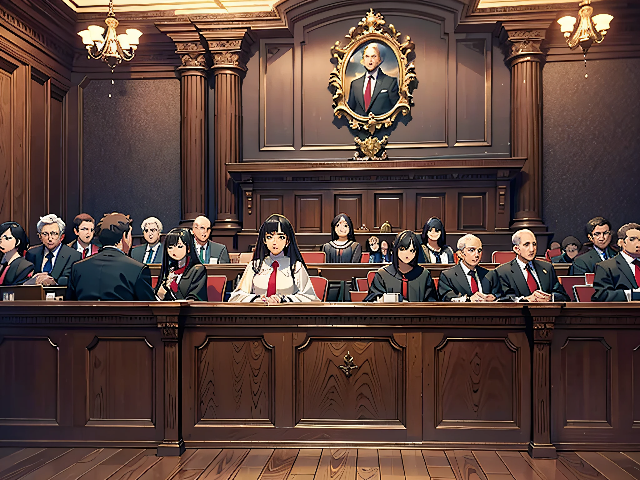 Audience, seating, more, indoor, courtroom, trial, judge hammer,(extremely detailed)(masterpiece: 1.2), best quality, masterpiece, high resolution, extremely detailed, (extremely detailed CG: 1.2),(extremely detailed),anime,best quality, (masterpiece:1.2)