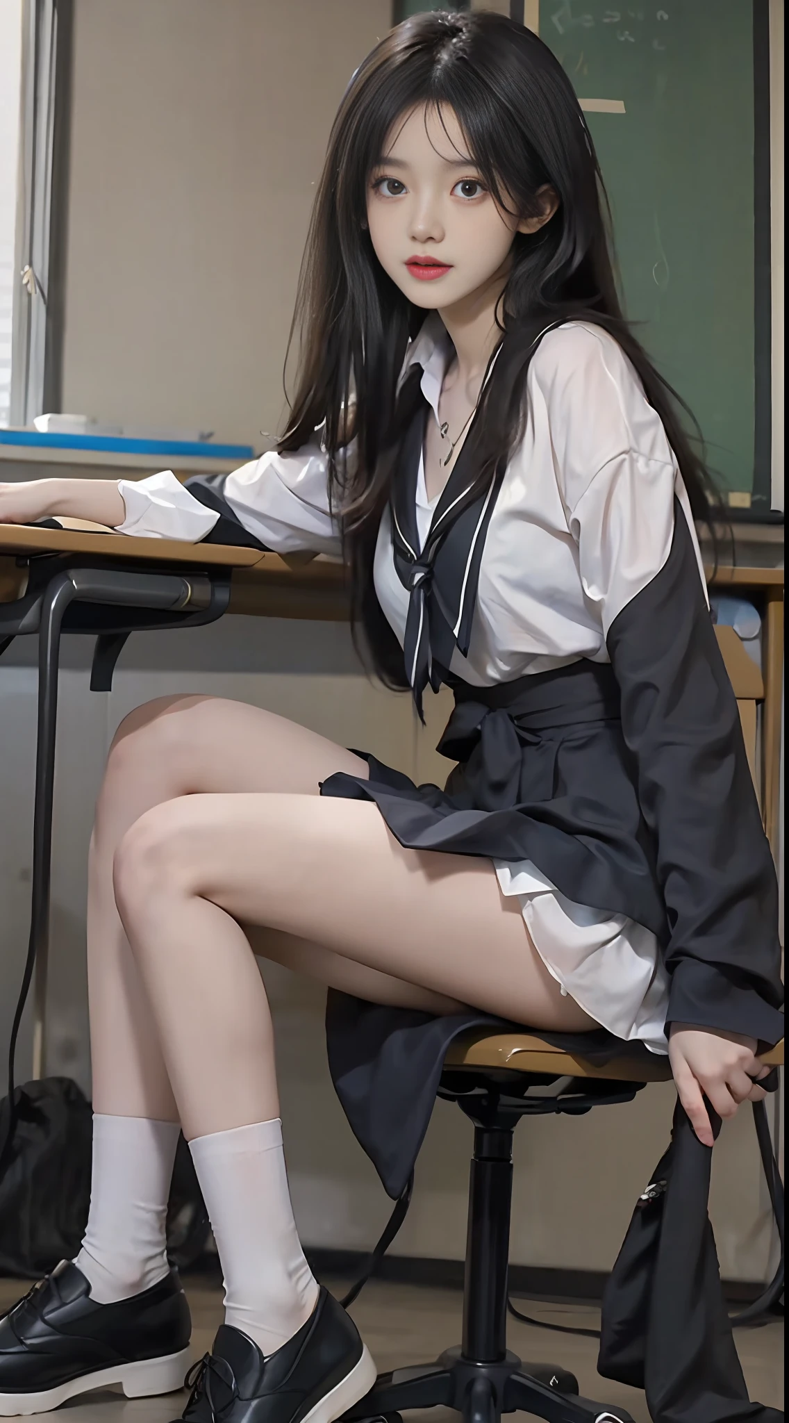 Ultra HDR,ultra-details,full full body,Lifelike, 8K high resolution,a 1 girl, Flowing black hair, Dark eyes, School Uniforms, short skirts,largebreasts, thin waists,Wear a pendant,at classroom,Very detailed face and skin,Detailed eyes,Double eyelid,black long hair,White skin,chineseidol,Young age,Black colored eyes,lip biting,White school uniform,tiny small waist,Short blue skirt,whitestocking,at classroom,Sit at the desk,Slim legs,Brown school shoes,Lifelike,