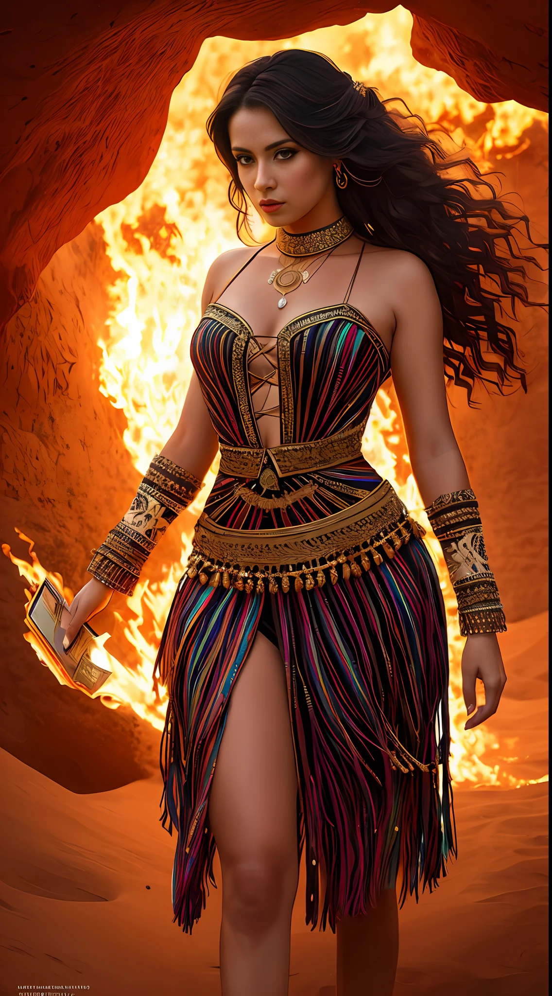 create Mariana Davalos in Full body photography of the most beautiful artwork in the world, a beautiful woman in intricate costume burning in the desert, rainbow colors, ArtStation, CGSociety, complex, high detail, clear focus, dramatic, realistic pictorial art trends Greg Rutkovsky