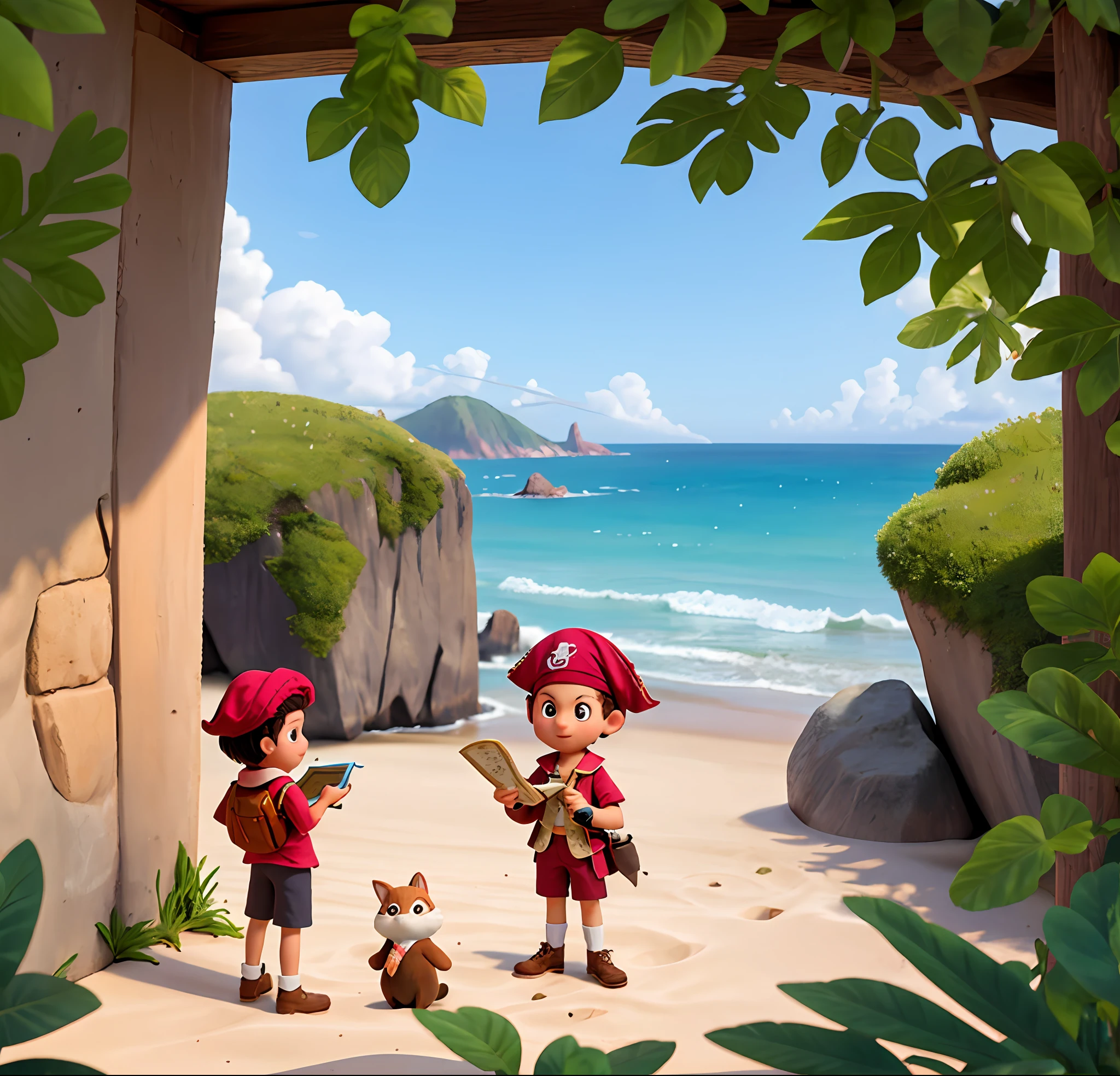 There's a coast-facing pirate boy who's standing on the beach with a treasure map in his hand looking out to sea., junto com uma raposa.