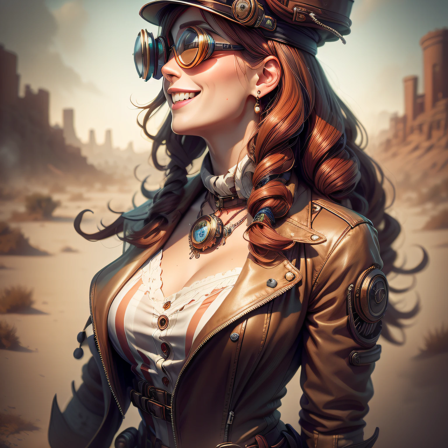 4K, Masterpiece, highres, absurdres,natural volumetric lighting and best shadows,highly detailed face, highly detailed facial features, smiling, beautiful smile, 1girl, solo, long hair, breasts, blue eyes, hat, jewelry, jacket, red hair, boots, pants, necklace, nail polish, orange hair, goggles, corset, curly hair, goggles on headwear, striped pants, steampunk, steampunk_costume