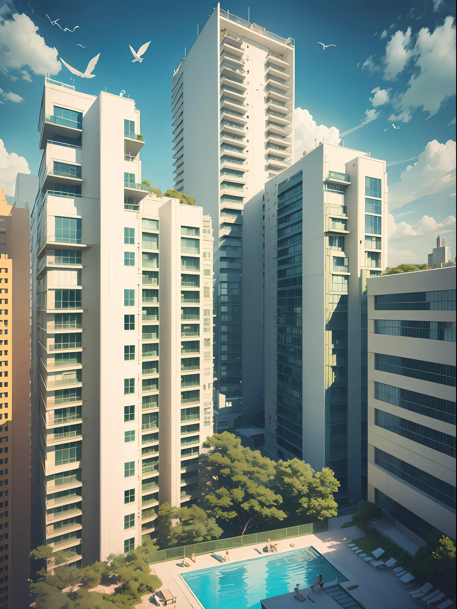 arquitetura, east east Asian architecture, senario, ao ar livre, heaven, nuvem, birds, Construction, tree, On her feet, montanha, ponte, segurando, several girls in swimsuits, dia, obra-prima, melhor qualidade, Estilo anime