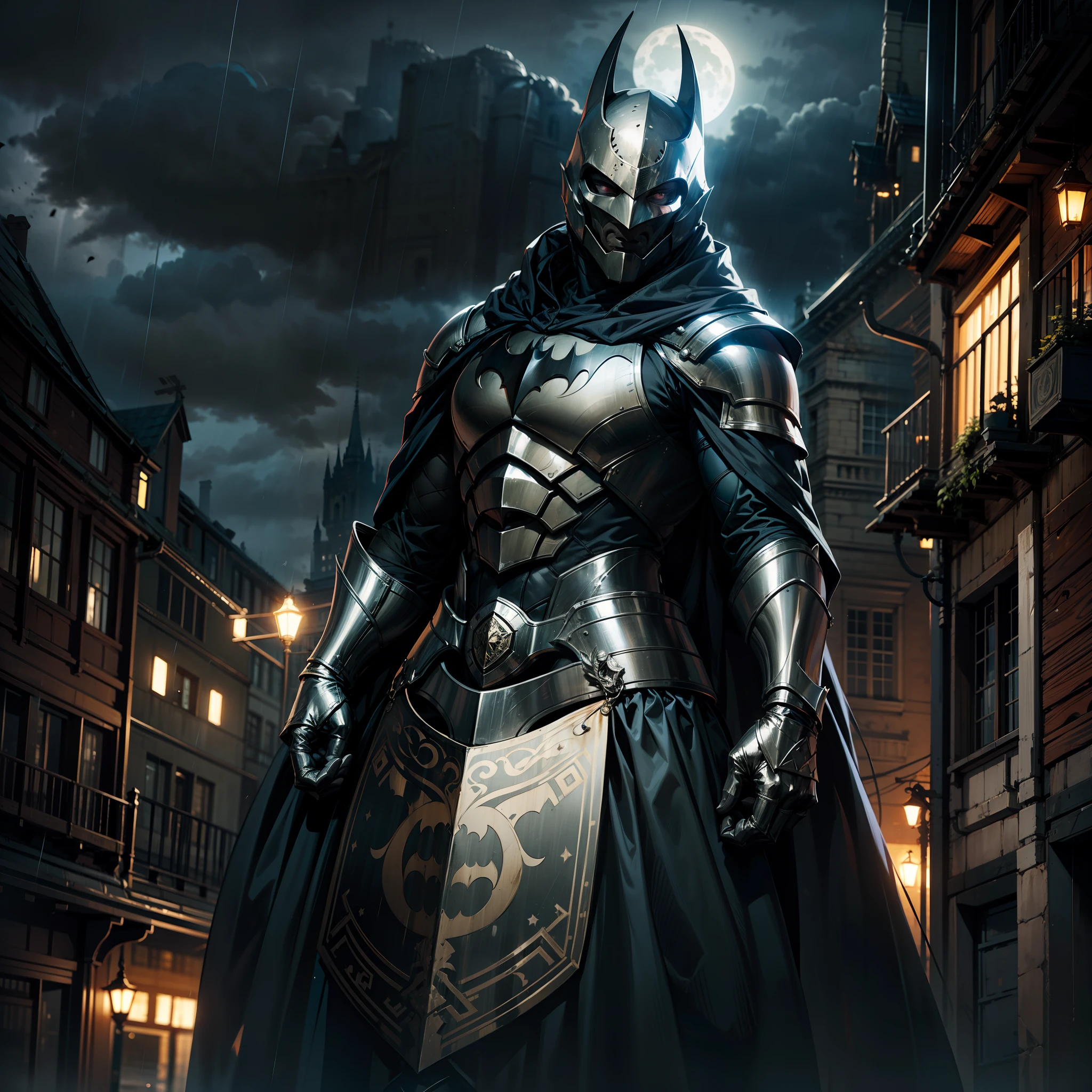 Batman guerreiro vestido com armadura medieval, Scenery medieval city rainy and dark, com neblina densa, neblina densa, Noite escura, Clima de terror, Armadura preta, on top of a building, noite densa, detalhes altos, melhor qualidade, Masterpiece, chovendo, Chuva, molhado, fundo desfocado