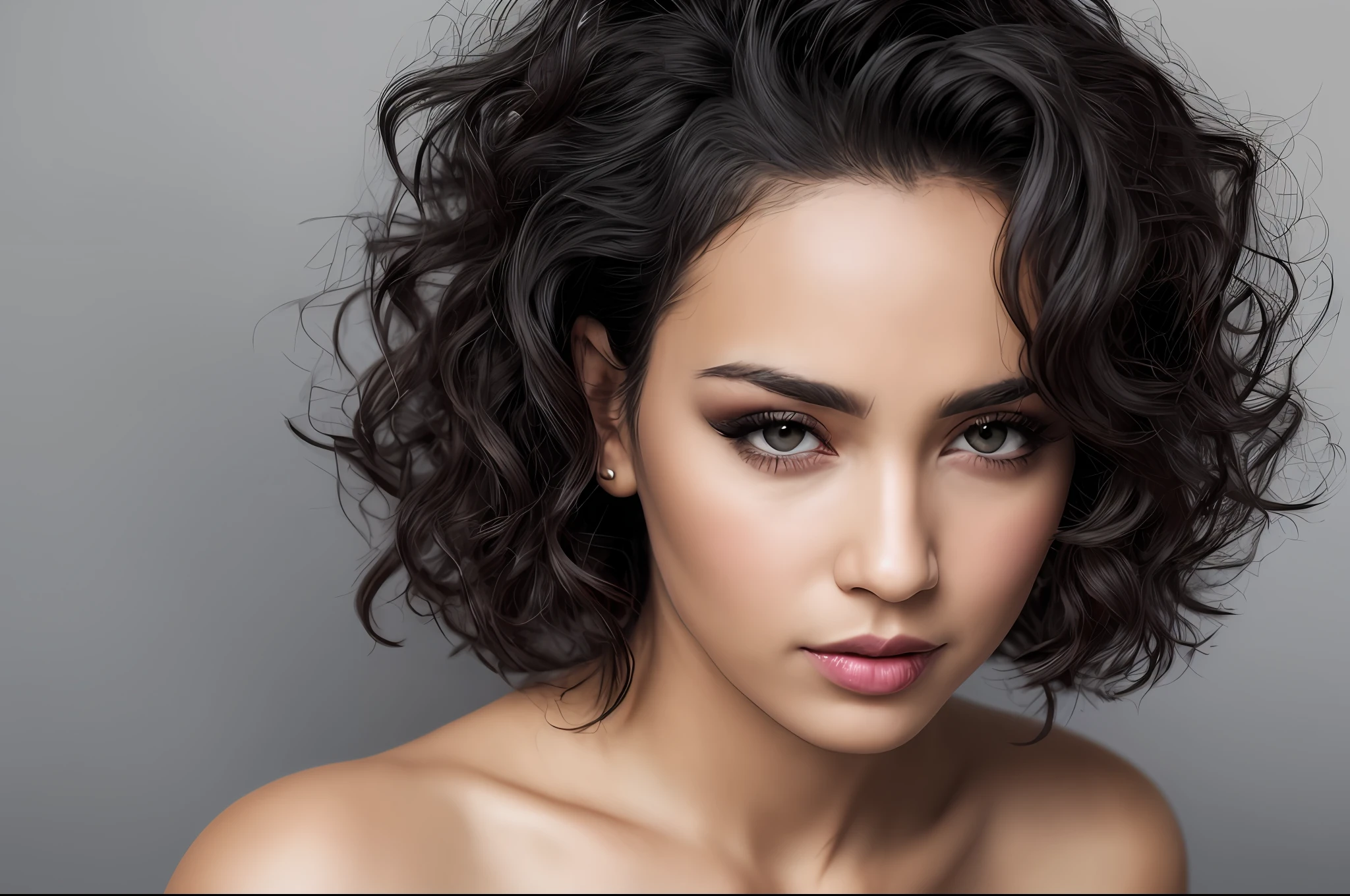 ebony woman, (to8contrast style), (Close-up portrait), open mouth, 8k RAW photo, highest quality, detailed hazel eyes, eye reflection, winged eyeliner, (looking at the viewer:1.3), best shadow, intricate details, interior, (bold hair:1.3), muted colors, high contrast style, glam shot, smoldering, (sultry:1.1), dof, bokeh, intense, languid, tempting, sensual, seductive, longing, yearning, smitten, dark photography studio, minimal lighting, deep shadows, stark contrasts, dramatic highlights, (black backdrop:1.2), dimples, fullness, plumpness, natural blue lips, bold color, alluring, captivating, striking, unforgettable, stunning, breath-taking, timeless beauty. (bare shoulders:1.2), headshot
