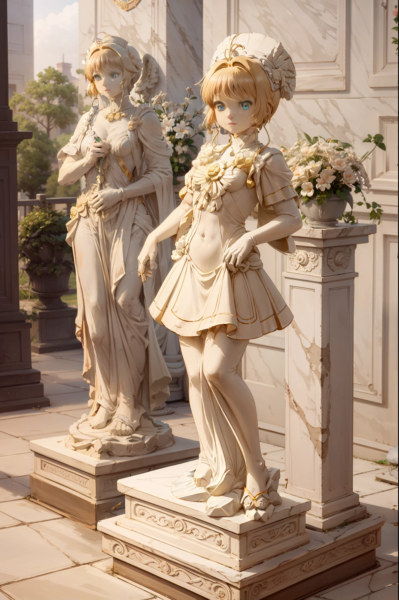 full body figure, perfect eyes:1.2, detailed eyes:1.4, stone statue, on a pedestal, kinomoto sakura, battle costume, Marble statue, detailed face, natural stone pedestal, high contrast, masterpiece, highest quality, best image quality, cinematic lighting,