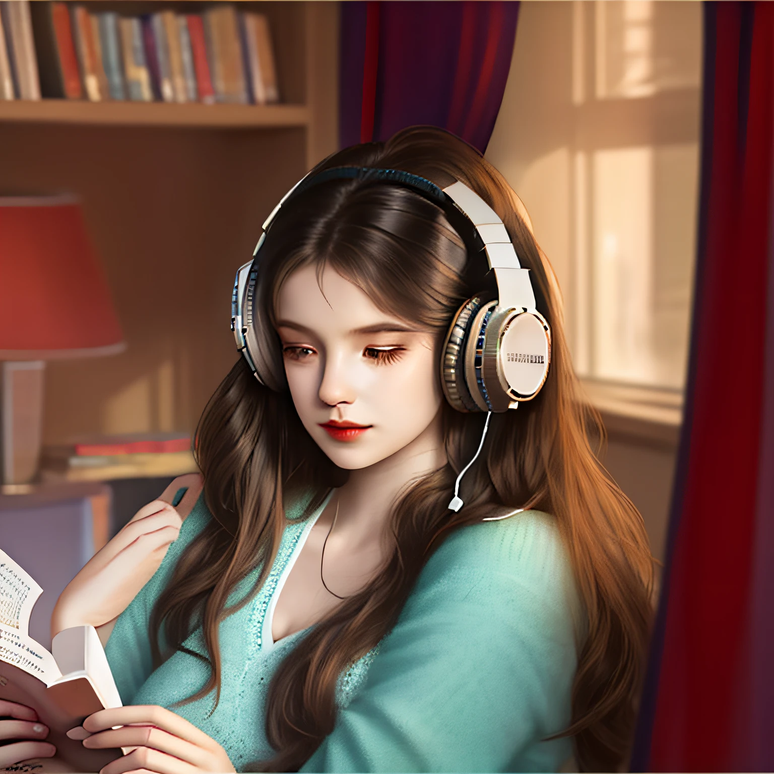 The room is dimly lit arafed view,Girl wearing headphones to read