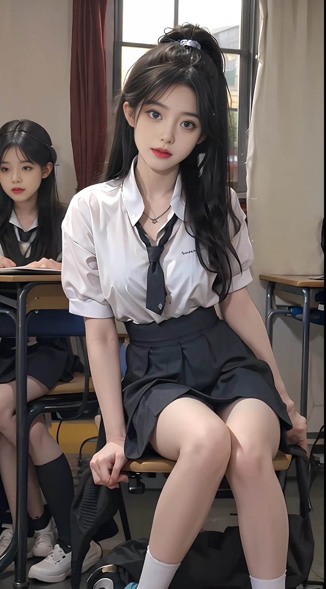 Ultra HDR，ultra-details，full full body，Lifelike， 8K high resolution，a 1 girl， High ponytailed black hair，  Dark eyes， largebreasts， thin waists，thights，Wear a pendant，at classroom，Very detailed face and skin，Detailed eyes，Double eyelid，black  long hair，White skin，chineseidol，Young age，Black colored eyes，lip biting，White school uniform，Green tie，tiny small waist，Short blue skirt，whitestocking，at classroom，Sit at the desk，Slim legs，Brown school shoes，Lifelike，