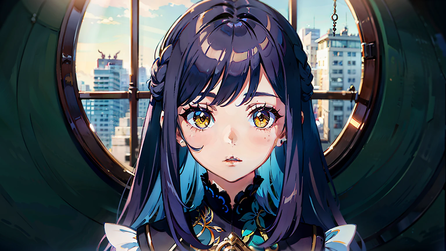 (masterpiece, best quality), intricate details, 1girl, 1girl, solo, purple hair, long hair, spiky hair, yellow eyes