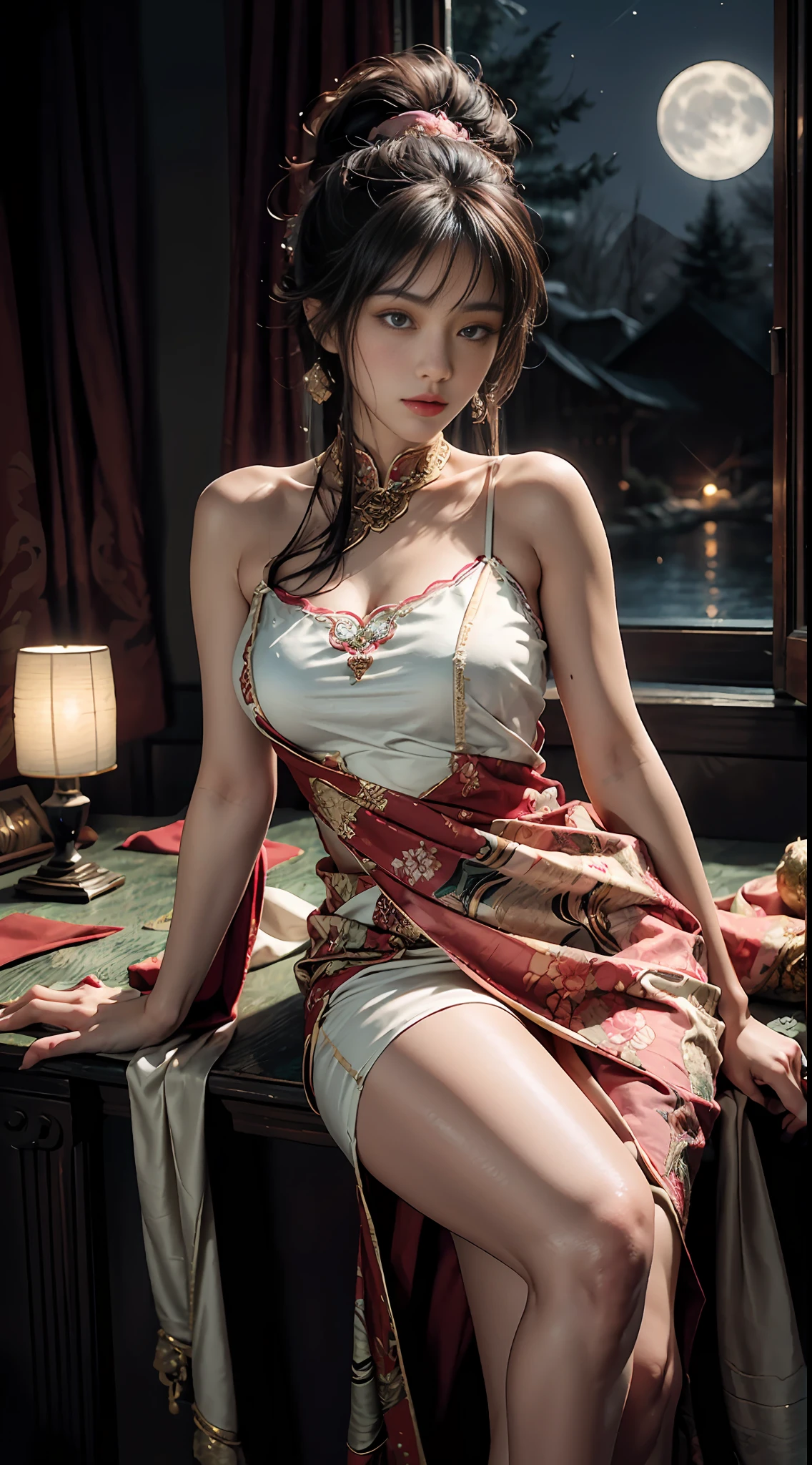 The art depicts a charming woman dressed in a flowing, silky traditional oriental dress, pink, decorated with intricate patterns and bright colors. Her dress drapes elegantly over her curvy figure, accentuating her seductive silhouette. She stood gracefully in the quiet moonlit night, bathed in the soft glow of the moonlight. The scene exudes an ethereal and dreamy atmosphere, with a touch of mystery and sexiness. The graphic style blends watercolor and digital illustration techniques to evoke a refined beauty and charm. The lights are filled with soft moonlight, casting soft highlights and shadows on her charming features. Bare thighs, big breasts, three-dimensional facial features, sitting, upturned legs