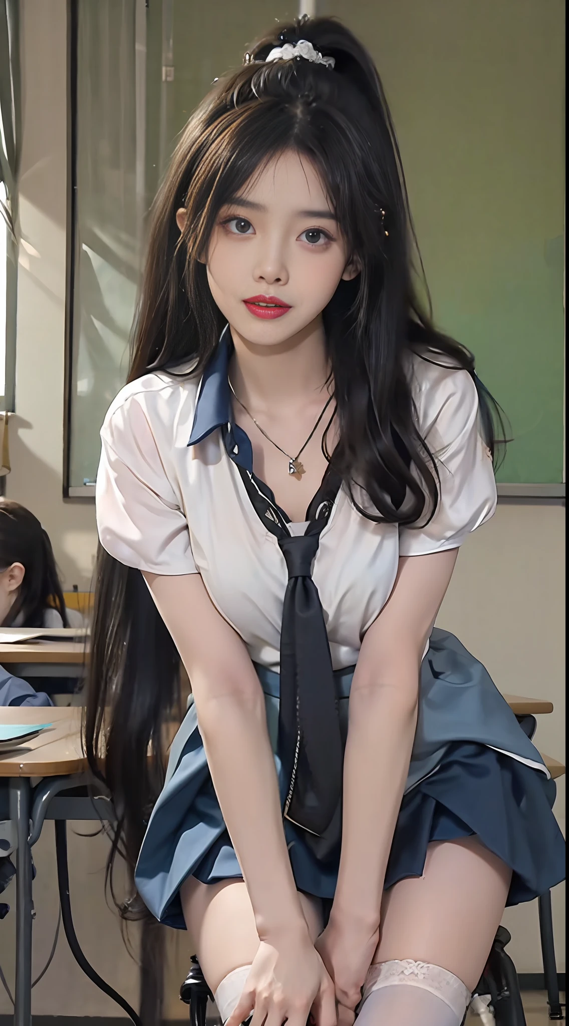 Ultra HDR，ultra-details，full full body，Lifelike， 8K high resolution，a 1 girl， High ponytailed black hair，  Dark eyes， largebreasts， thin waists，thights，Wear a pendant，at classroom，Very detailed face and skin，Detailed eyes，Double eyelid，black  long hair，White skin，chineseidol，Young age，Black colored eyes，lip biting，White school uniform，Green tie，tiny small waist，Short blue skirt，whitestocking，at classroom，Sit at the desk，Slim legs，Brown school shoes，Lifelike，