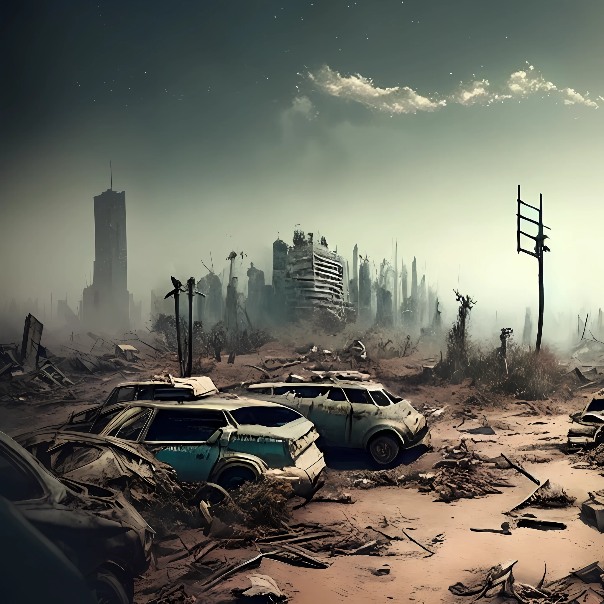 arafed scene of a destroyed city with cars and a man walking, post apocalyptic landscape, post - apocalyptic wasteland, post apocalyptic world, post-apocalyptic earth, post - apocalyptic world, post apocalyptic scene, apocalyptic landscape, post apocalyptic, post - apocalyptic, post-apocalyptic hellscape, apocalyptic scenery, post-apocalypse, post apocalyptic atmosphere, post apocalyptic wasteland