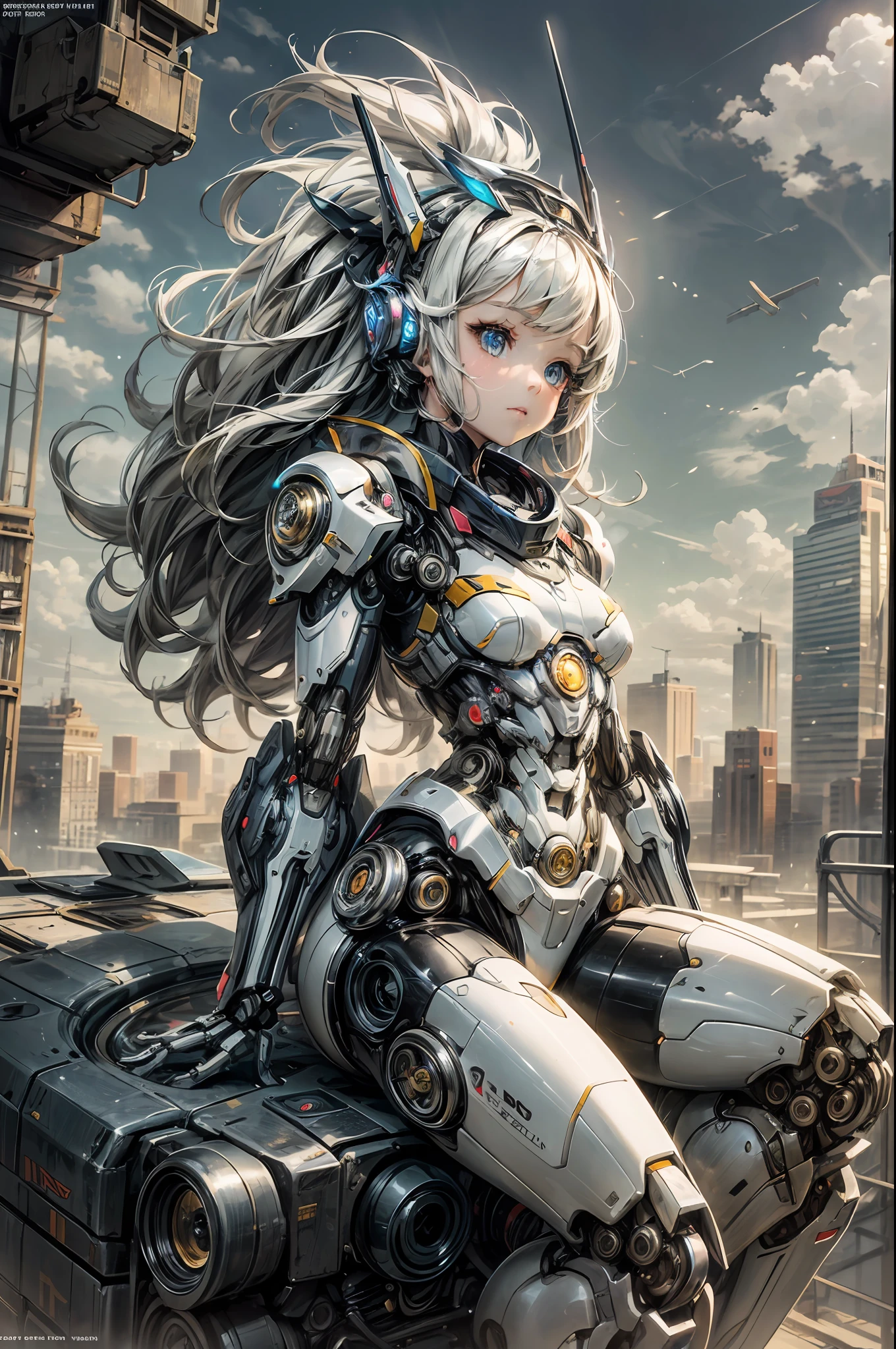 A woman in a futuristic suit sitting on top of a building - SeaArt AI