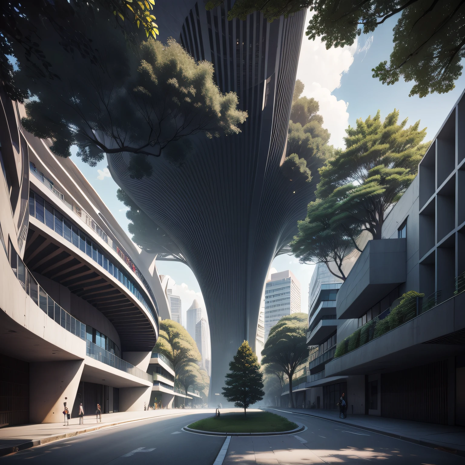 Futuristic architecture, arquitetura premiada, skyscraper architectureCity, photographic style, Rendering, Alameda de plane trees, Highly detailed dream building in the architectural styles of Oscar Niemeyer and Ernst Haeckel :: arquiteturacore :: High contrast wide avenue in front full of trees, plane trees