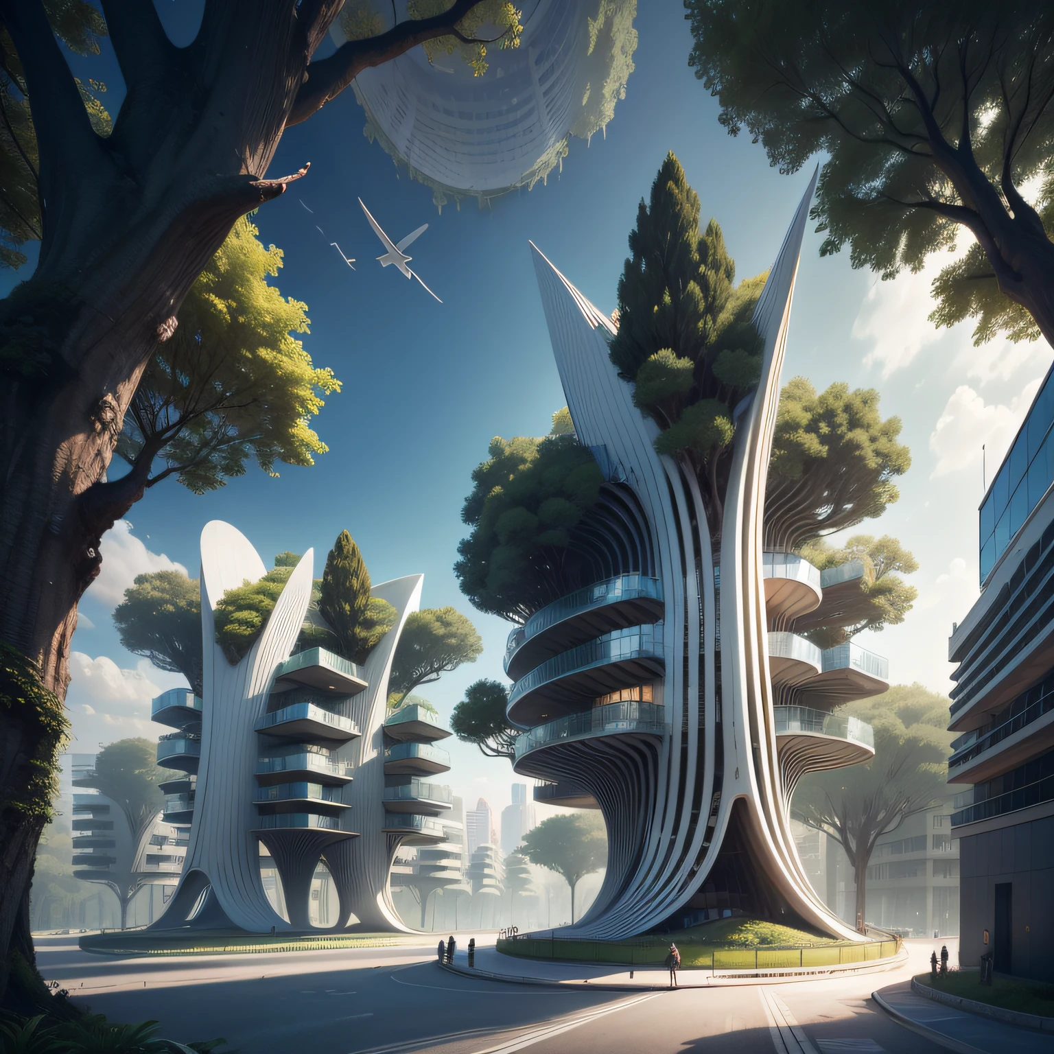 Futuristic architecture, arquitetura premiada, skyscraper architectureCity, photographic style, Rendering, Alameda de plane trees, Highly detailed dream building in the architectural styles of Oscar Niemeyer and Ernst Haeckel :: arquiteturacore :: High contrast wide avenue in front full of trees, plane trees