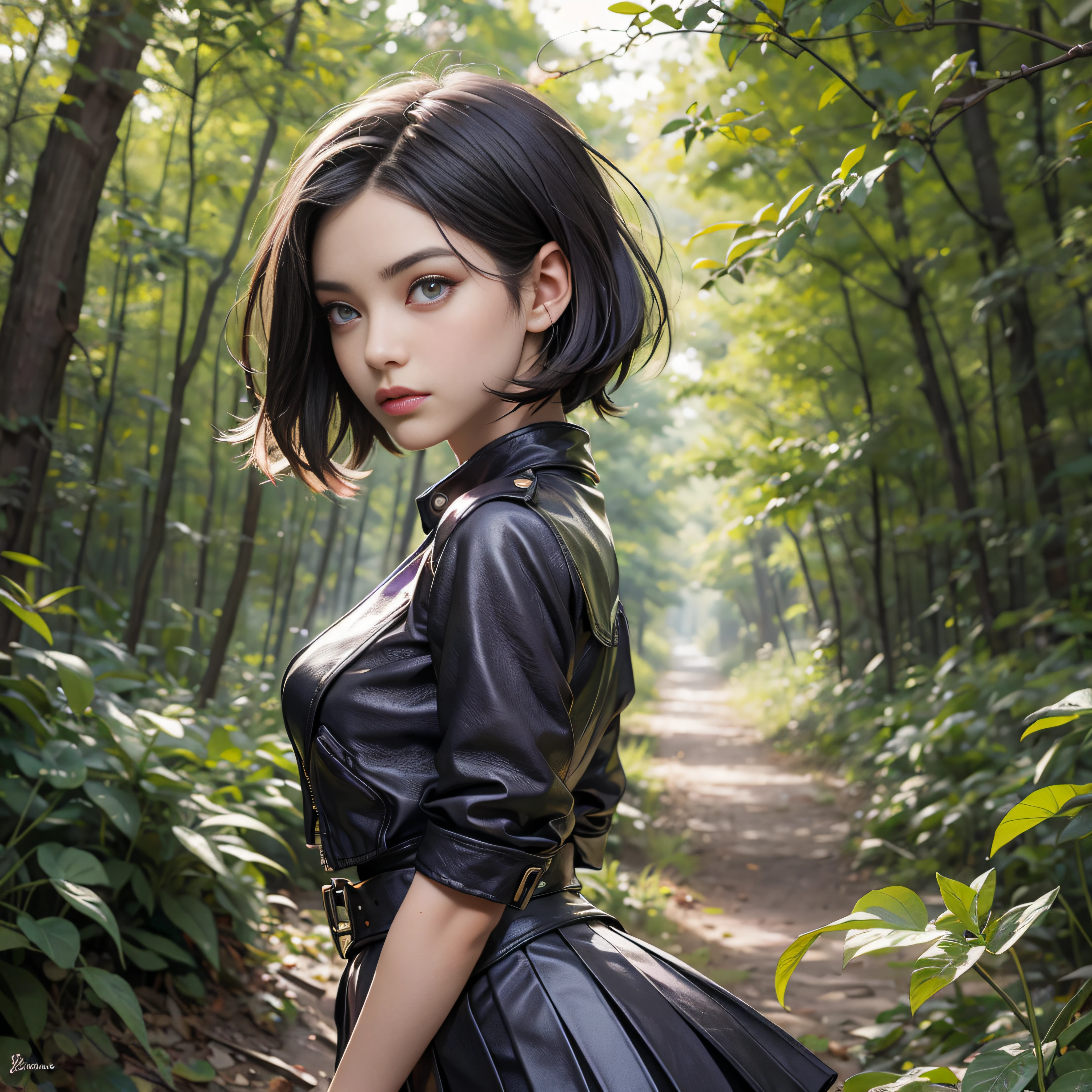 A beautiful girl with black short hair and purple eyes, se encuentra en medio de un frondoso bosque. The golden light of the sun pierces the treetops, creando un juego de sombras y destellos que iluminan su figura. She wears a short leather skirt with pleats that highlights her bold and energetic personality, sus ojos son purpura brillante.
