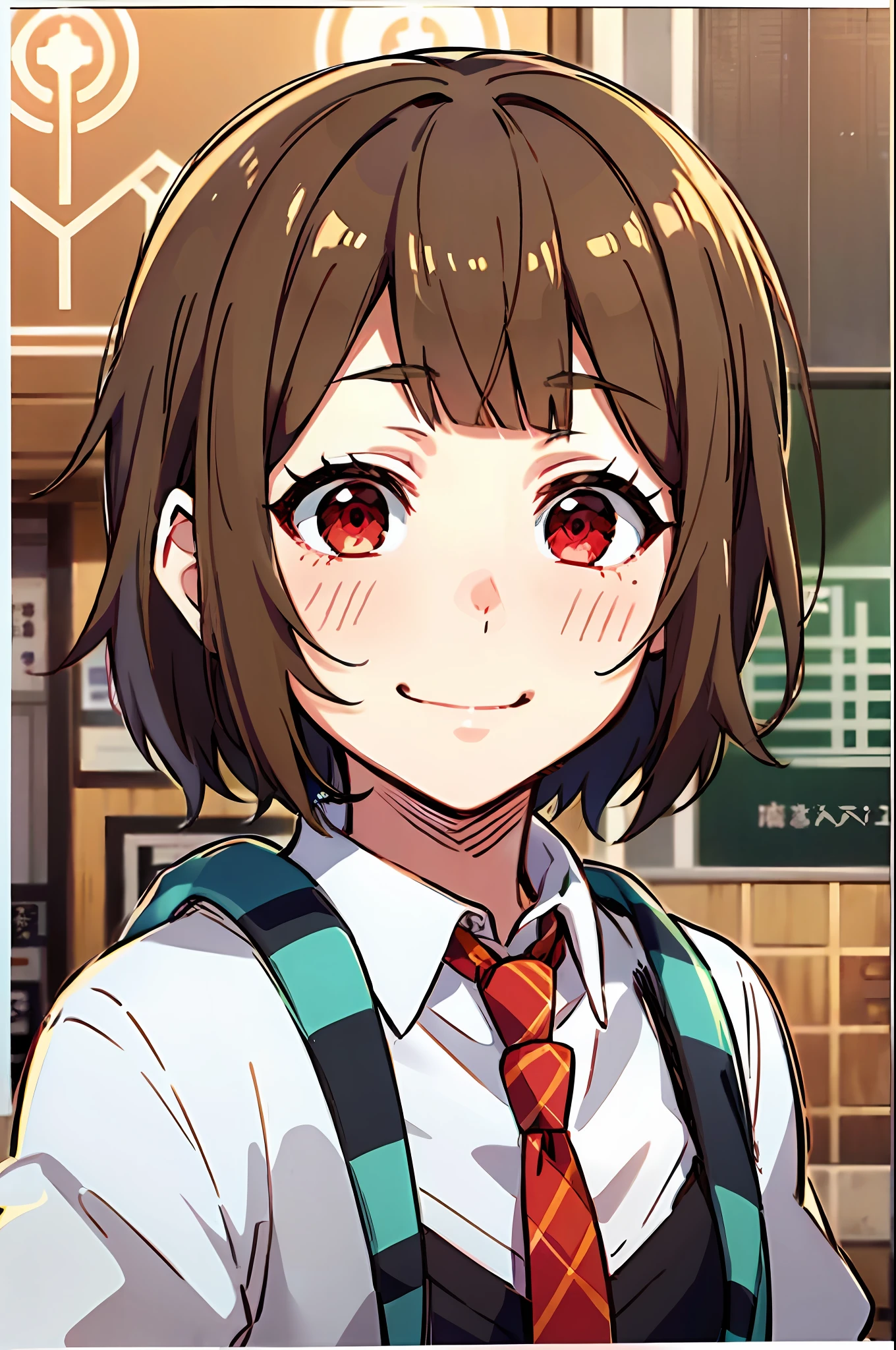 light smile, schoolgirl attire, white blouse with yellow jacket, green striped tie, red plaid skirt, red eyes and red hair in a twin ponytail, (style of tokyo ghoul and haikyu anime), (illustrated by Sui Ishida and Haruichi Furudate), (style mixing), Kiyoko Shimizu, Touka Kirishima