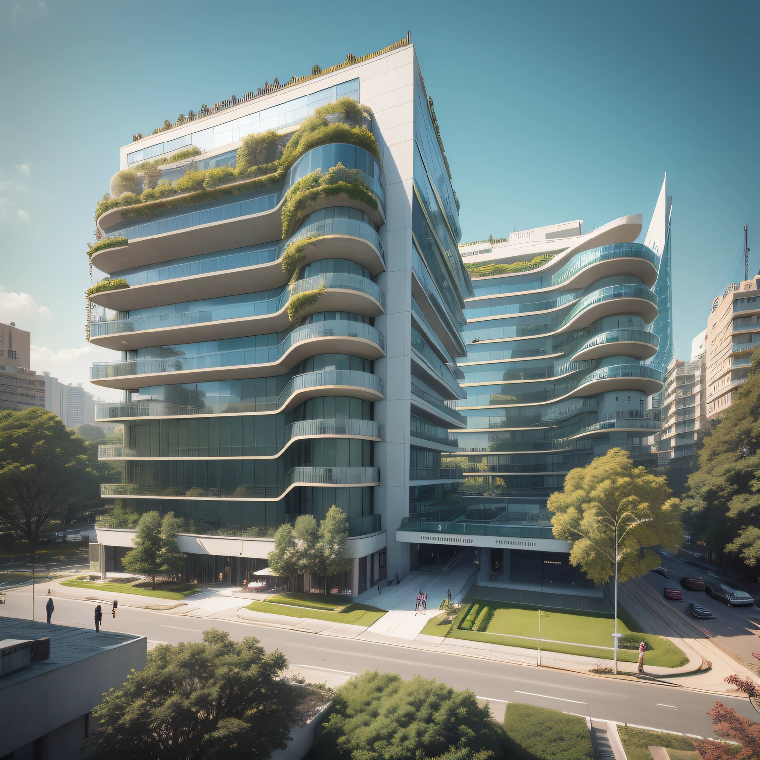 Futuristic architecture, arquitetura premiada, skyscraper architectureCity, photographic style, Rendering, Alameda de plane trees, Highly detailed dream building in the architectural styles of Oscar Niemeyer and Ernst Haeckel :: arquiteturacore :: High contrast wide avenue in front full of trees, plane trees
