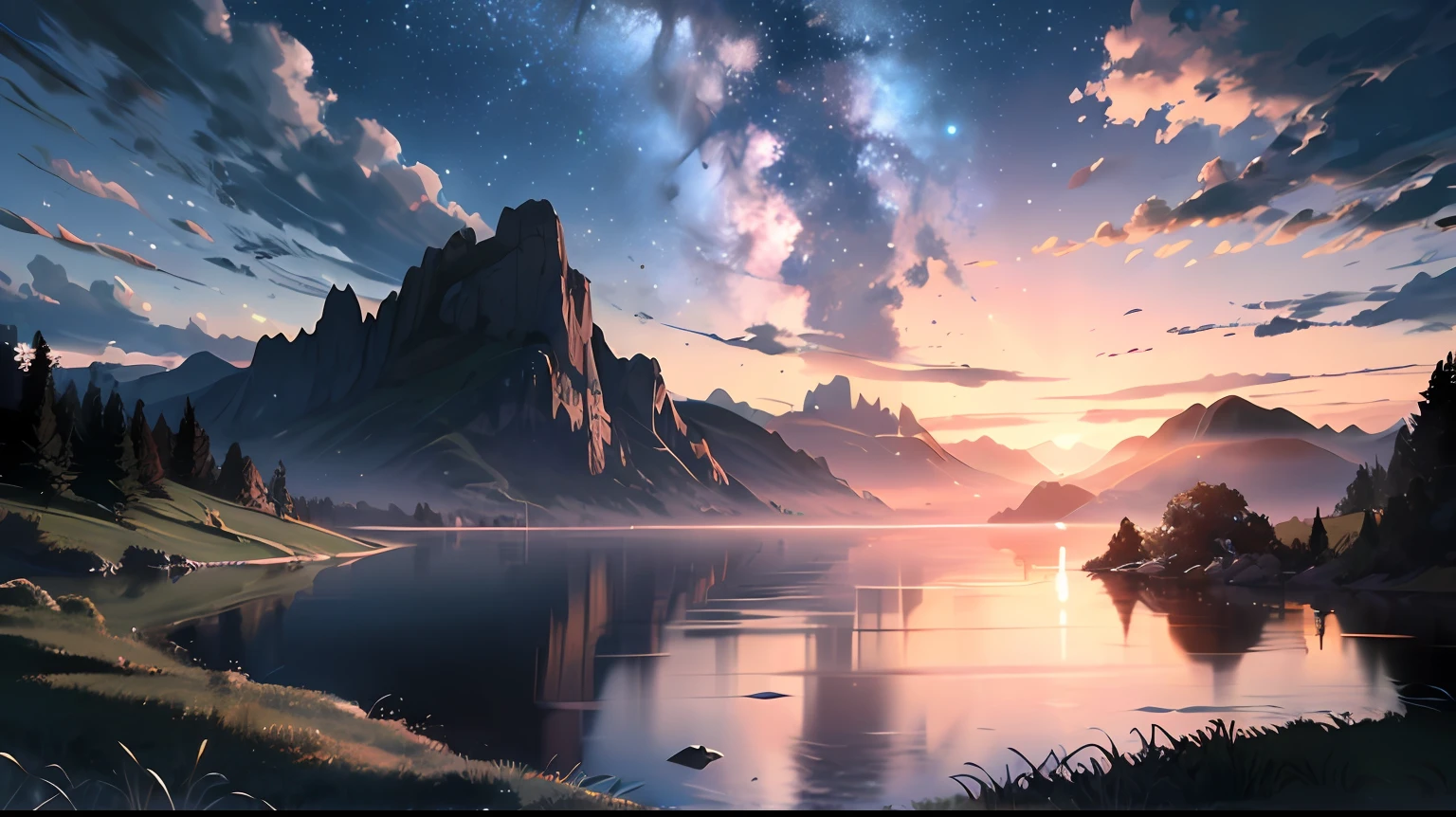 A breathtaking landscape radiating ethereal beauty and magical charm, inspired by the works of artists such as Roger Dean and Thomas Kinkade. This vision includes an enchanted forest illuminated by twinkling starlight, with ancient, towering trees adorned with luminescent moss and sprawling, magical fungi. A crystalline river, shimmering under the moonlight, winds through the forest, disappearing into a misty waterfall cascading down a hillside of iridescent flowers. In the distance, fantastical creatures roam freely, adding an element of fantasy and wonder to the scenery. The star-filled night sky unfolds a panoramic view of celestial bodies and a sprawling nebula, contributing to the overall mystical ambiance. The lighting is soft and serene, imbuing the landscape with a sense of tranquility. Pay attention to detail, especially for the flora and fauna, to bring the magic to life --auto