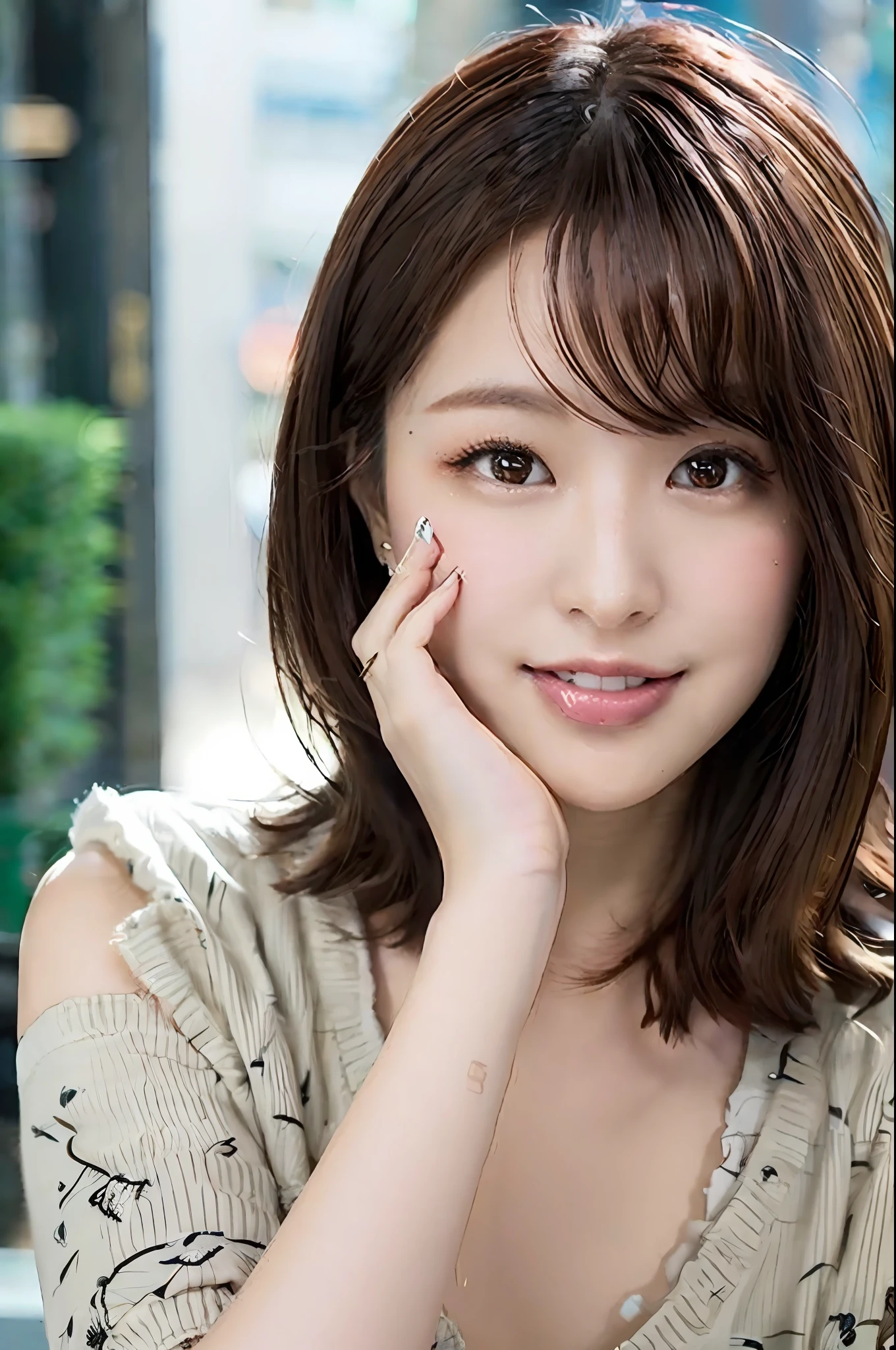(skin blemish:1.2), (skindentation), black eye, 1woman, 25yo, (((woman))), solo, realistic, best quality, photorealistic, masterpiece, 8k, high res, solo, extremely detailed face, (professional lighting, bokeh), (light particles, lens flare, glowing particles:0.6), (dynamic pose:1.2), soft lighting, top angle view, fashionable and trendy atmosphere, japan, street, tokyo, city, ((daytime)), sky, ((looking at the viewer:1)), (looking at the camera),(portrait:0.6), cowboy shot, gorgeous, standing, keep original facial proportion, wide shoulder, full body, (small breast), (medium hair), brown hair, floating hair, lips, lipstick, seductive smile, floating hair, smile, open_mouth, teeth, (sleeves less white blouse), (jumper skirt), eyelashes, mole, (mole under eye:1),