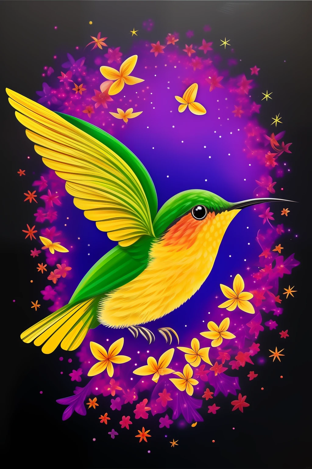 a painting of a colorful Humming-bird on a black background, rendered breathtaking, in a radiant connection, inspired by Kinuko Y. Craft, magical elements, kitten icon, wow, is beautiful, casting a multicolored spell, bright flash, flash