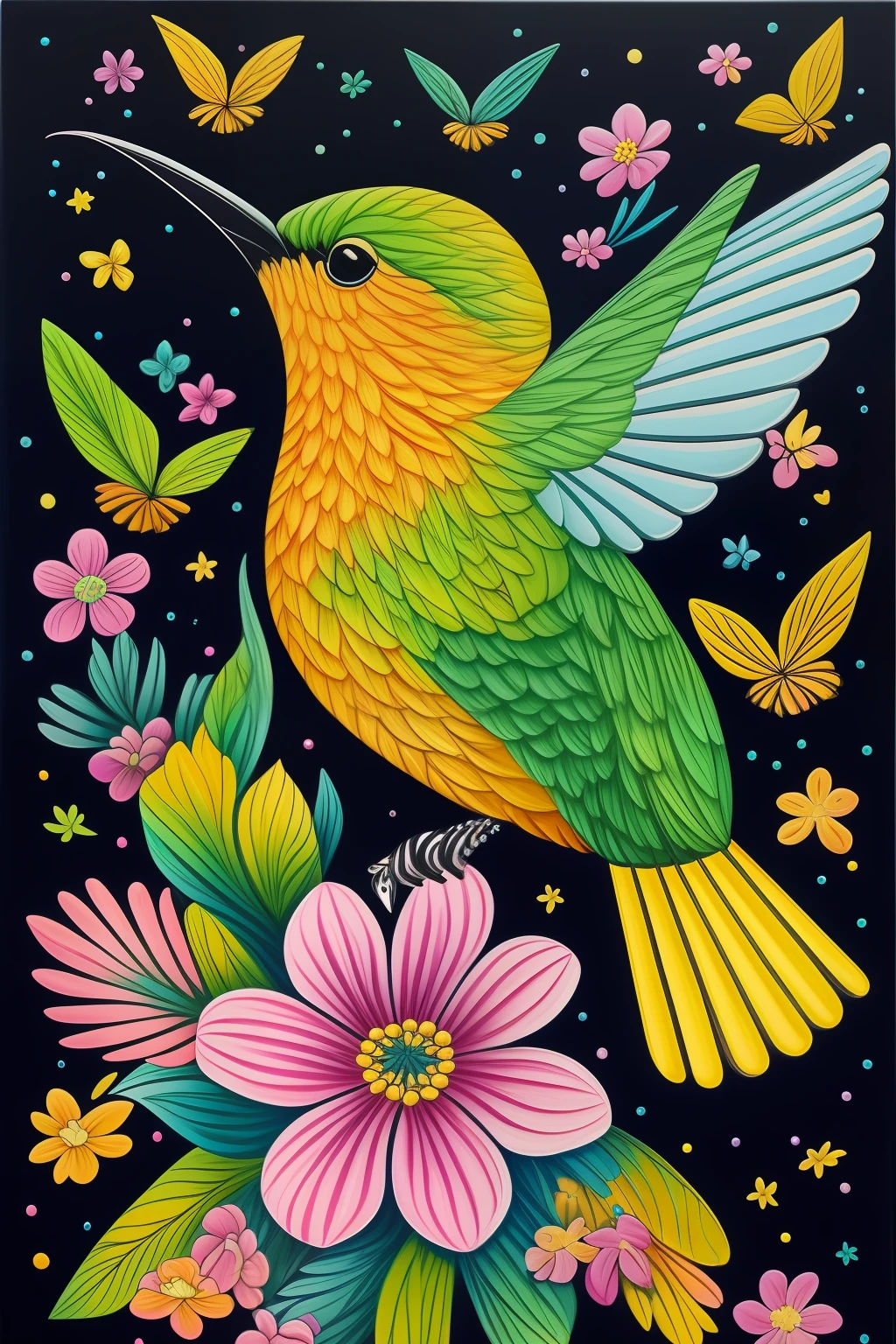a painting of a colorful Humming-bird on a black background, rendered breathtaking, in a radiant connection, inspired by Kinuko Y. Craft, magical elements, kitten icon, wow, is beautiful, casting a multicolored spell, bright flash, flash